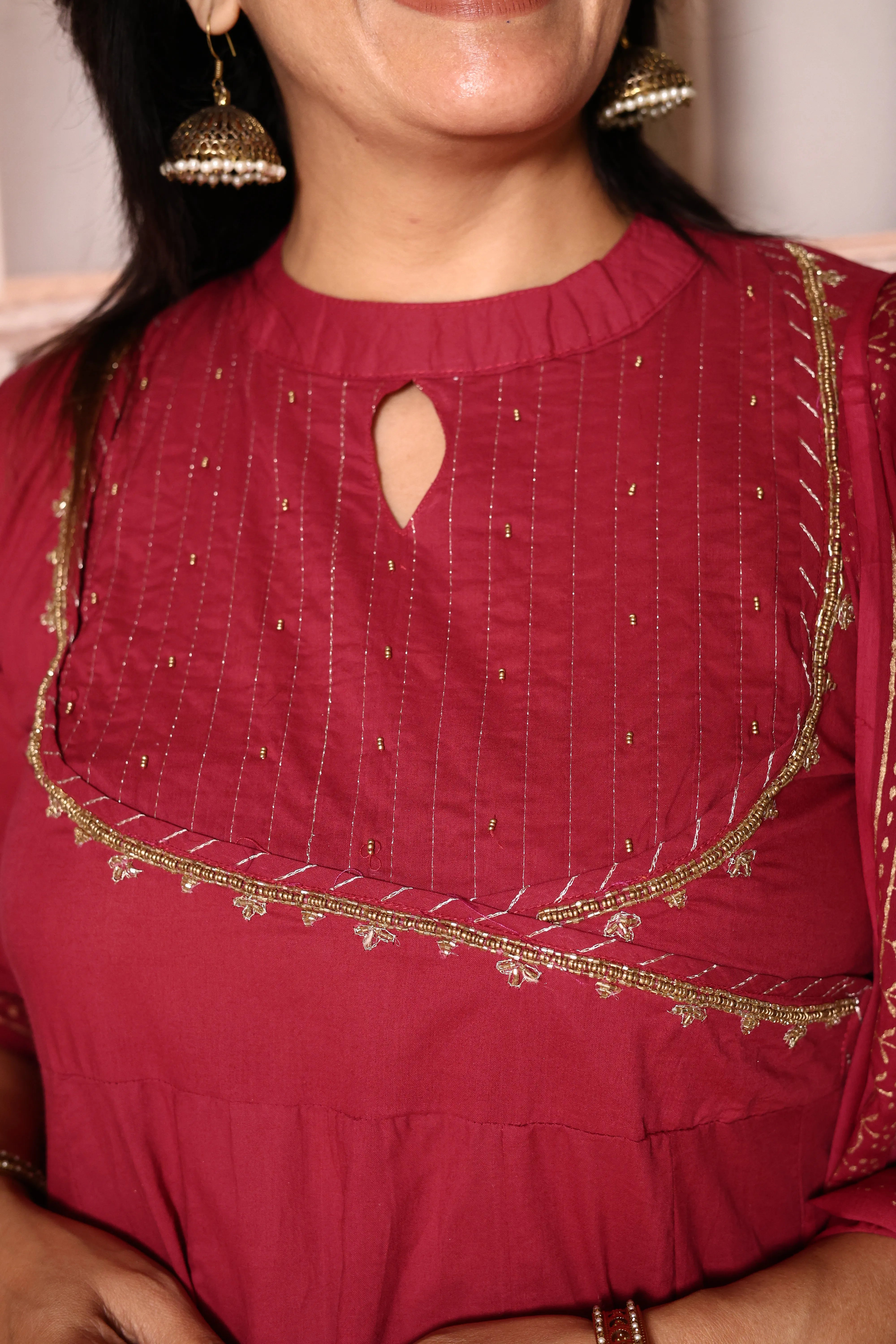 Amaranth Deep Red A-Line Kurta Pant with Dupatta Set | Foil Print & Yoke Pearl Embroidery