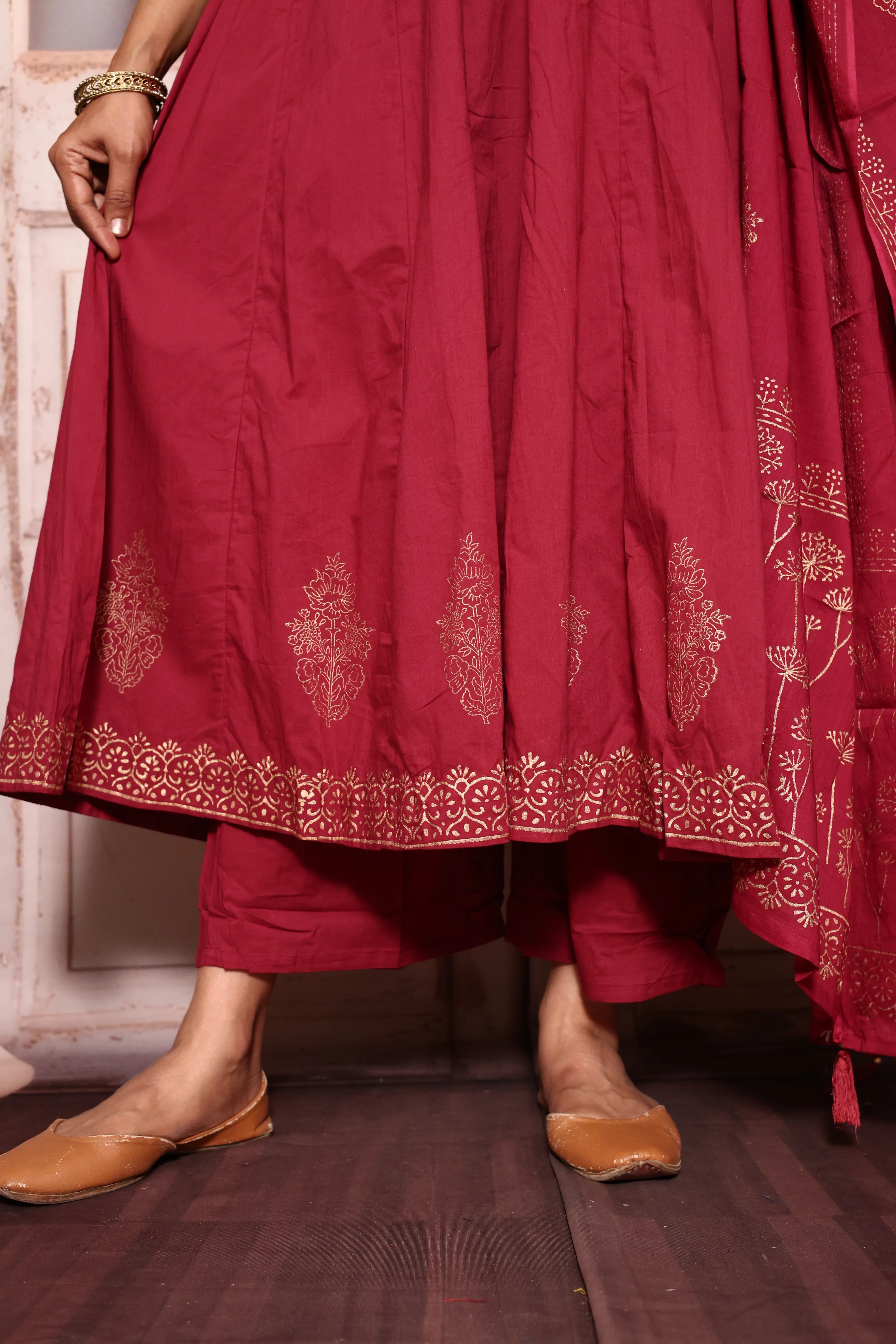 Amaranth Deep Red A-Line Kurta Pant with Dupatta Set | Foil Print & Yoke Pearl Embroidery