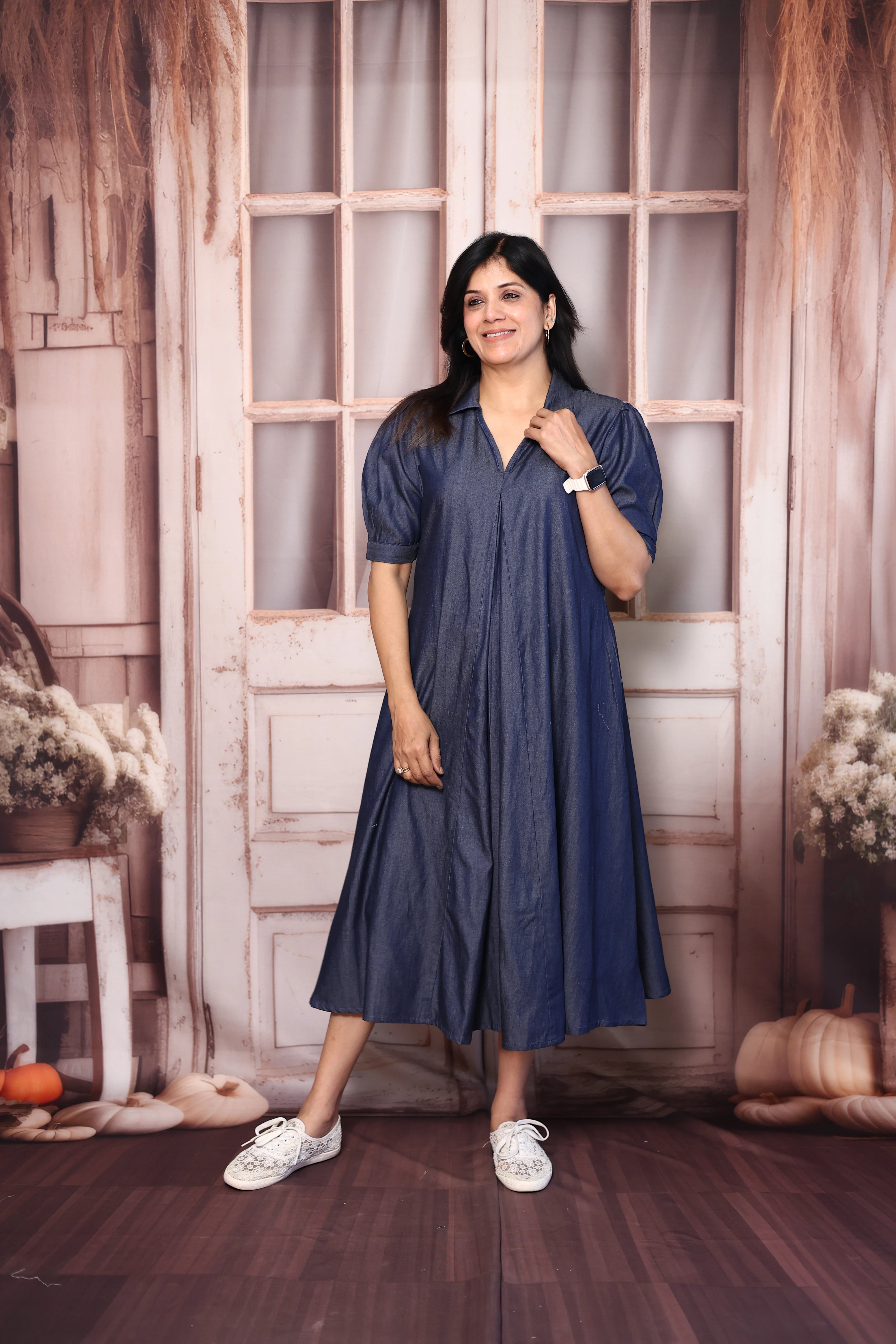 Navy Blue Soft Denim One Piece Dress