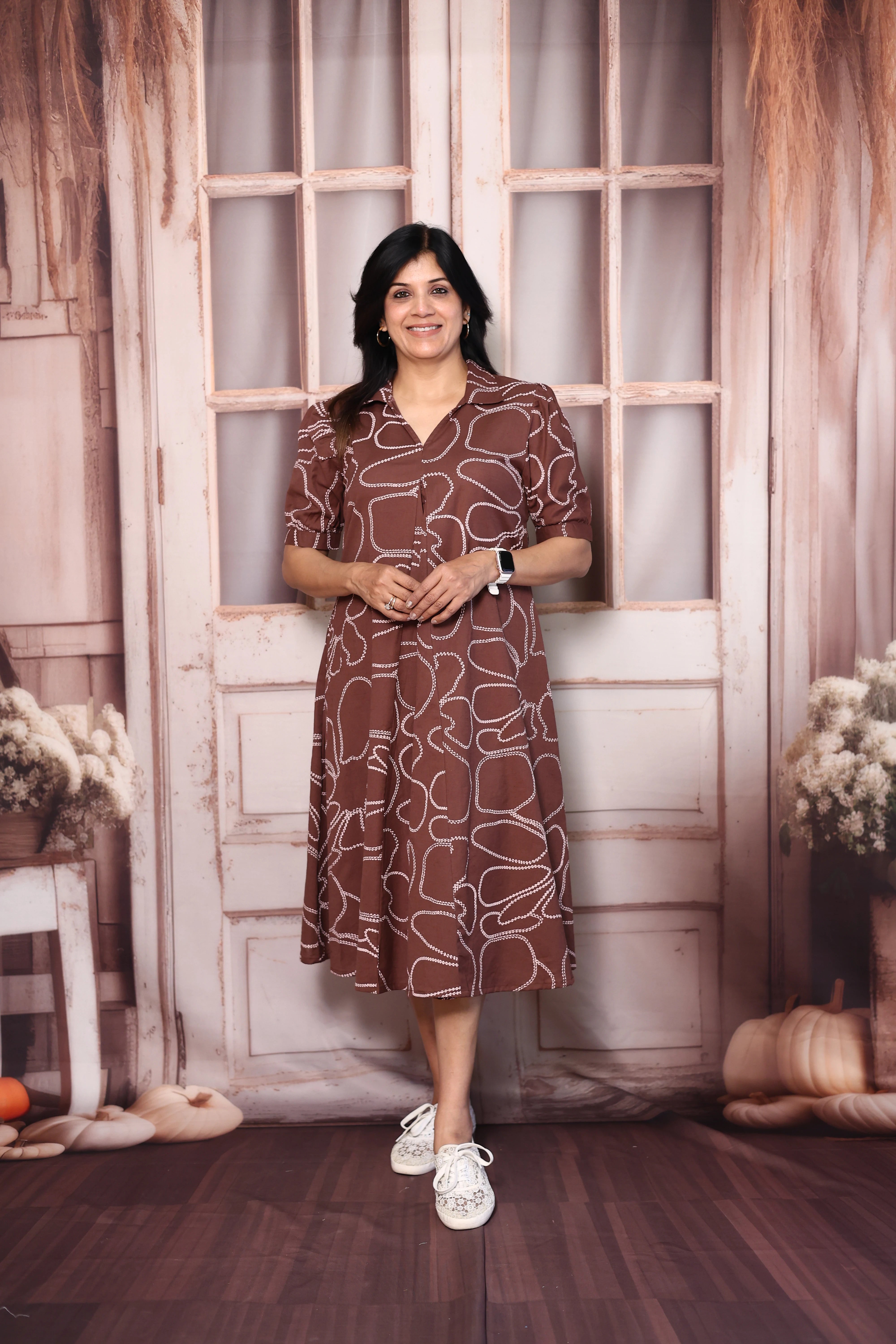 Brown Printed Cotton One Piece Dress | Elegant Casual Everyday Wear