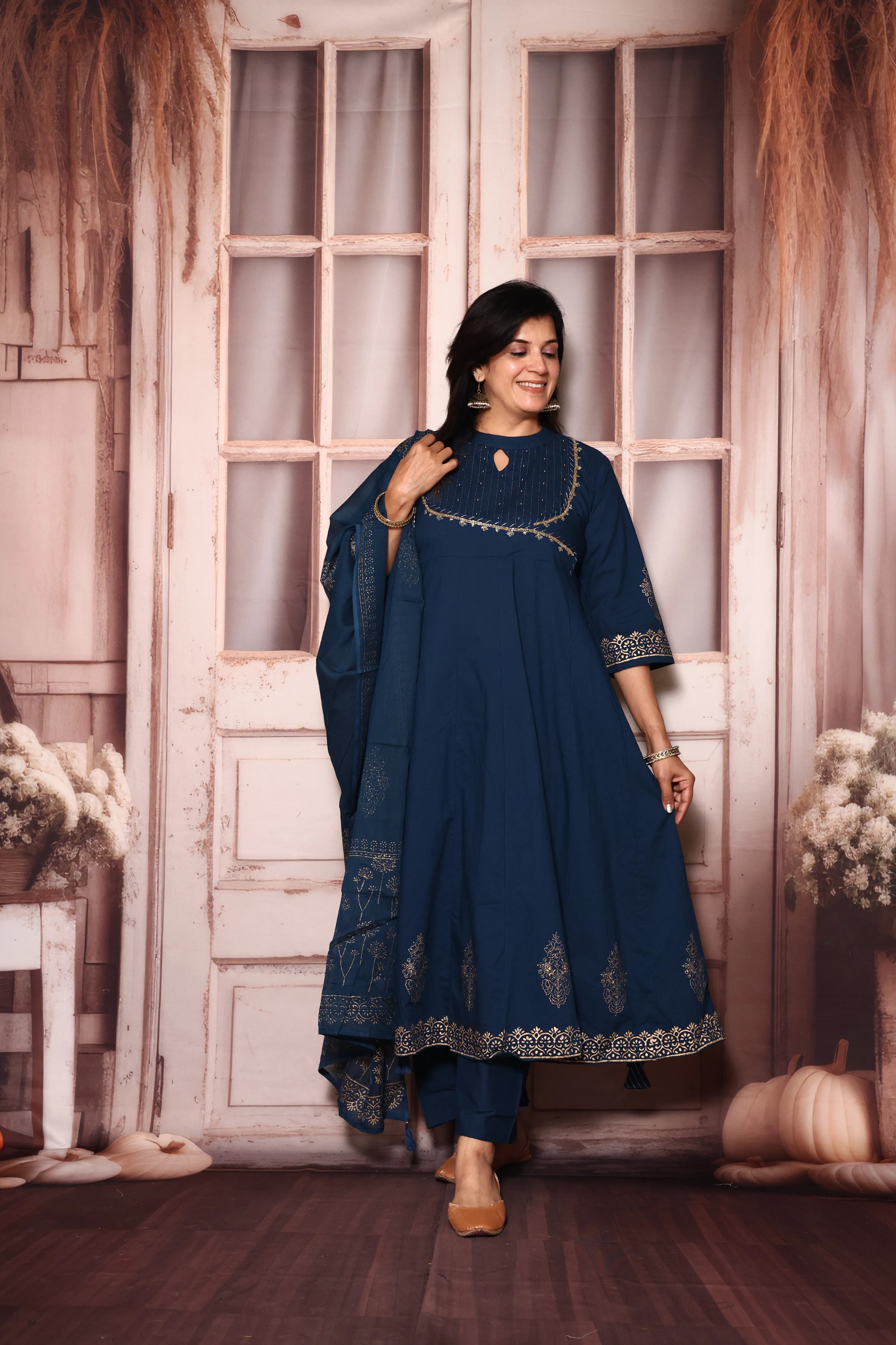Classic Blue A-Line Kurta Pant with Dupatta Set | Foil Print & Yoke Pearl Embroidery