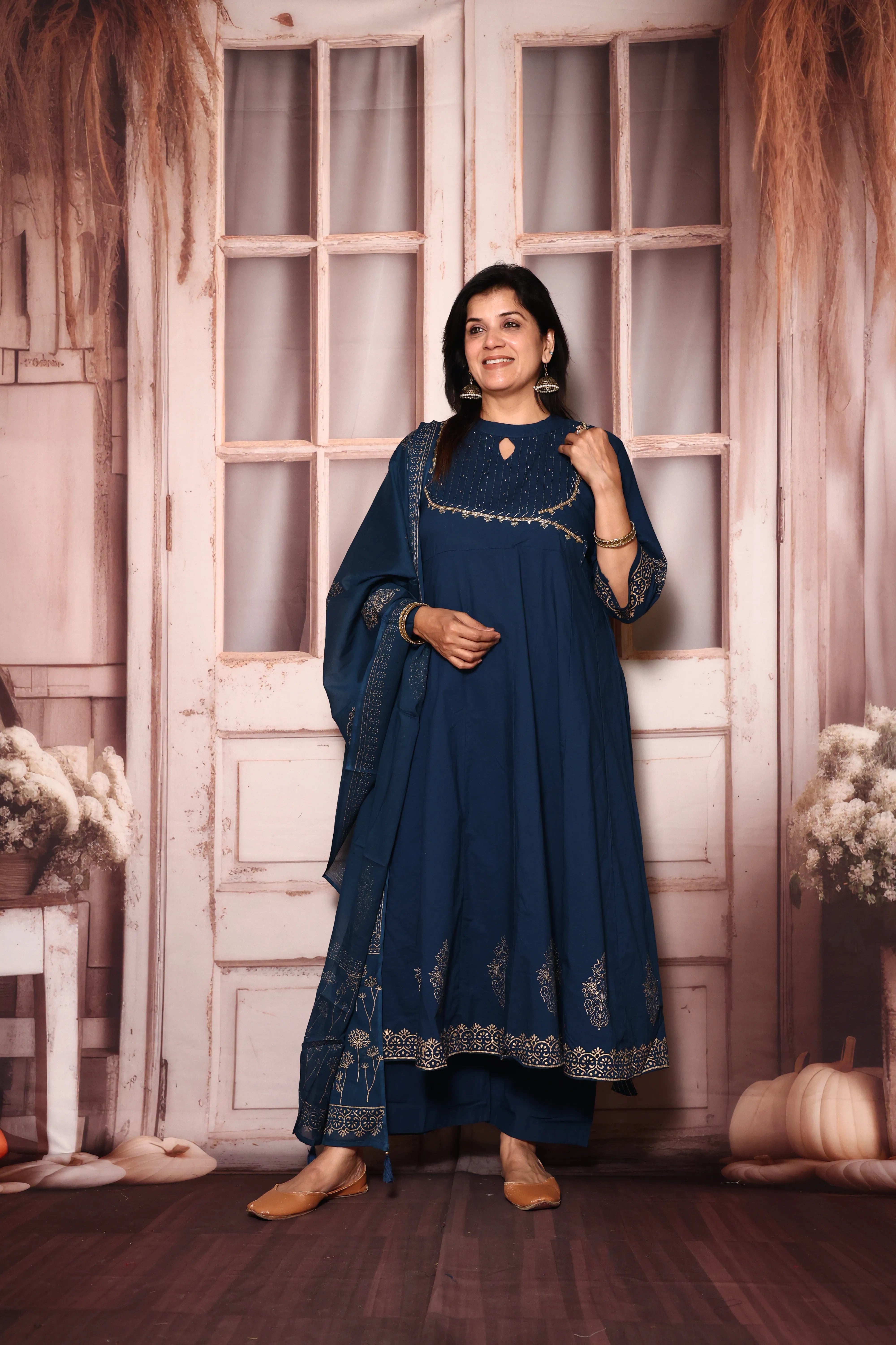 Classic Blue A-Line Kurta Pant with Dupatta Set | Foil Print & Yoke Pearl Embroidery
