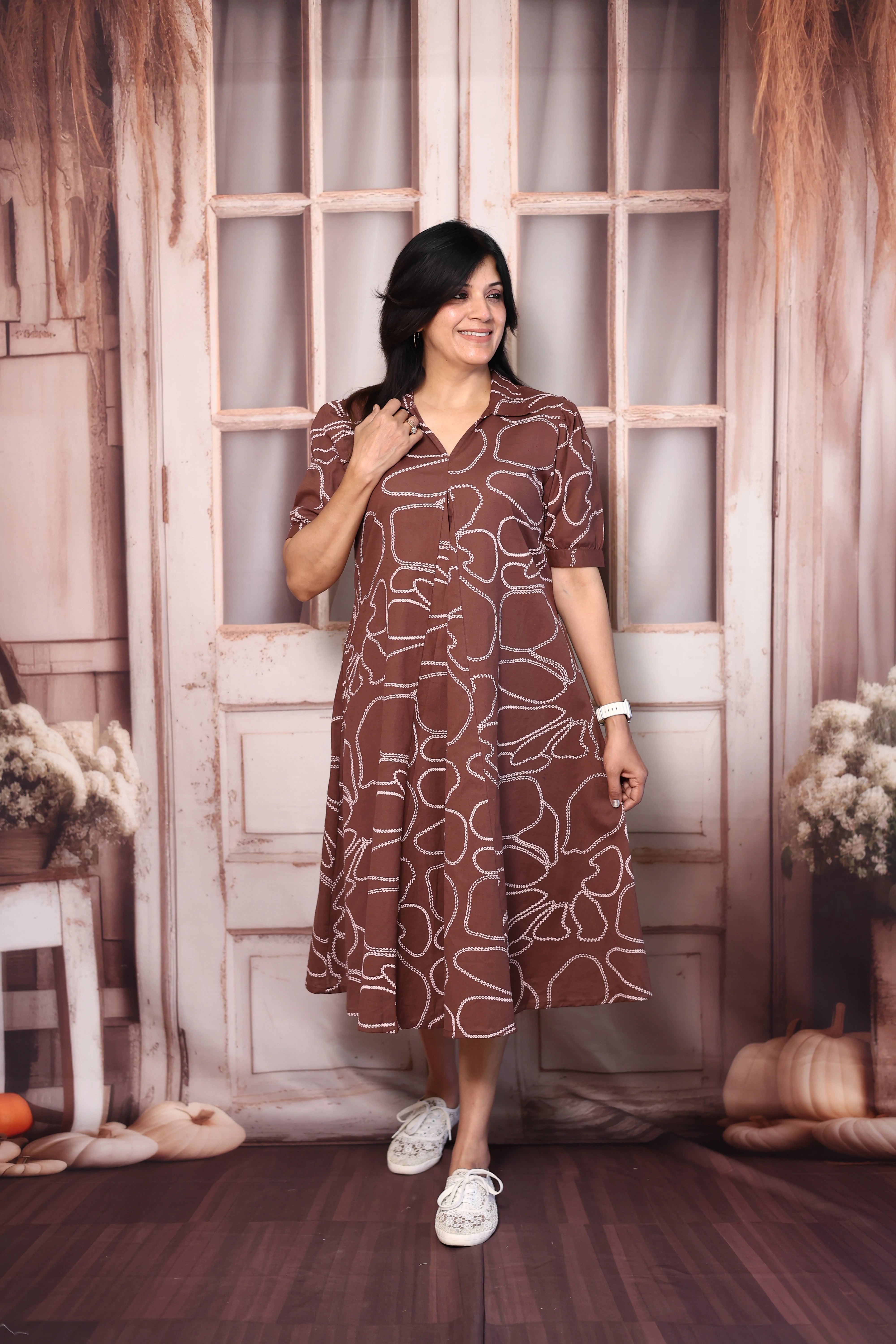 Brown Printed Cotton One Piece Dress | Elegant Casual Everyday Wear