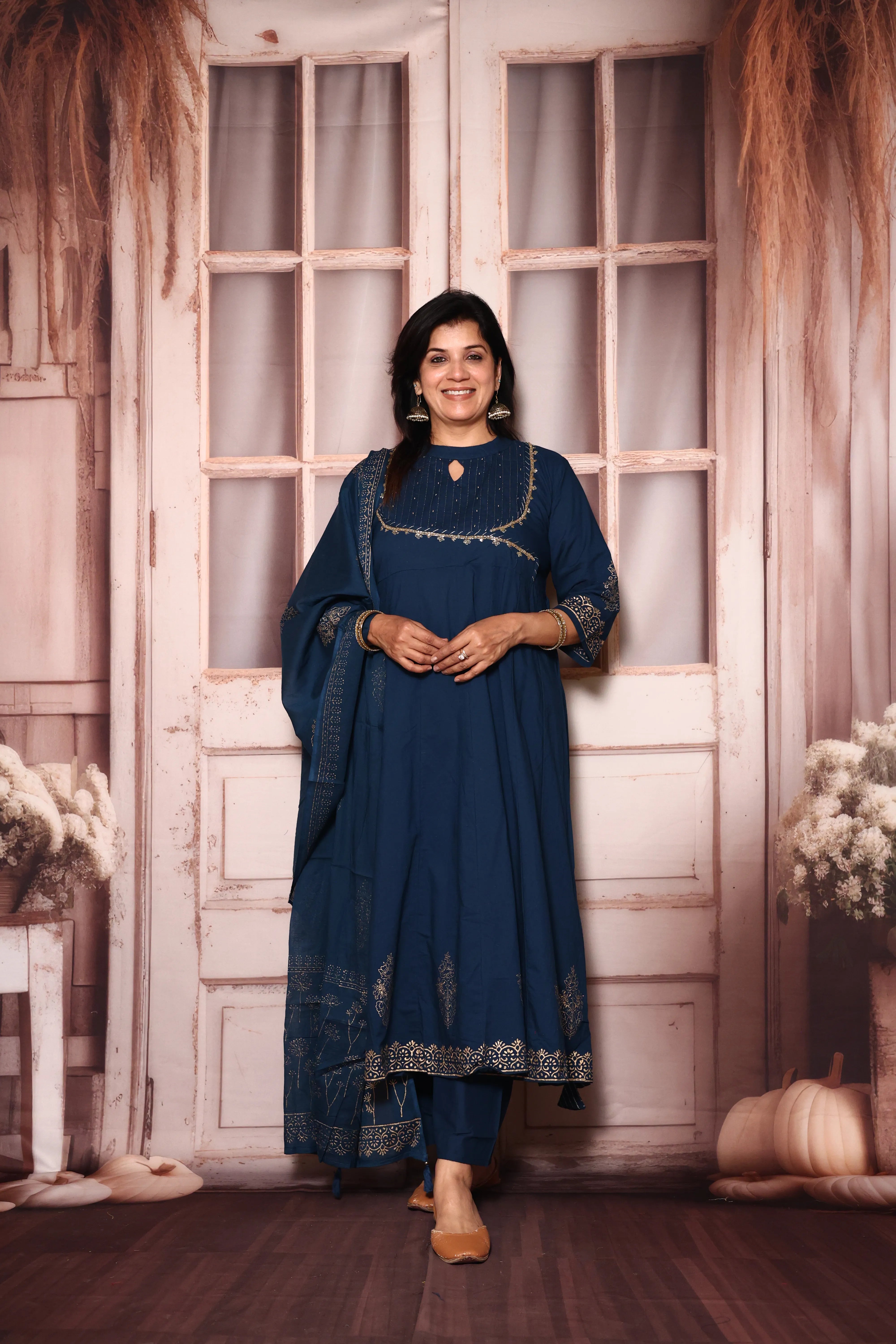 Classic Blue A-Line Kurta Pant with Dupatta Set | Foil Print & Yoke Pearl Embroidery