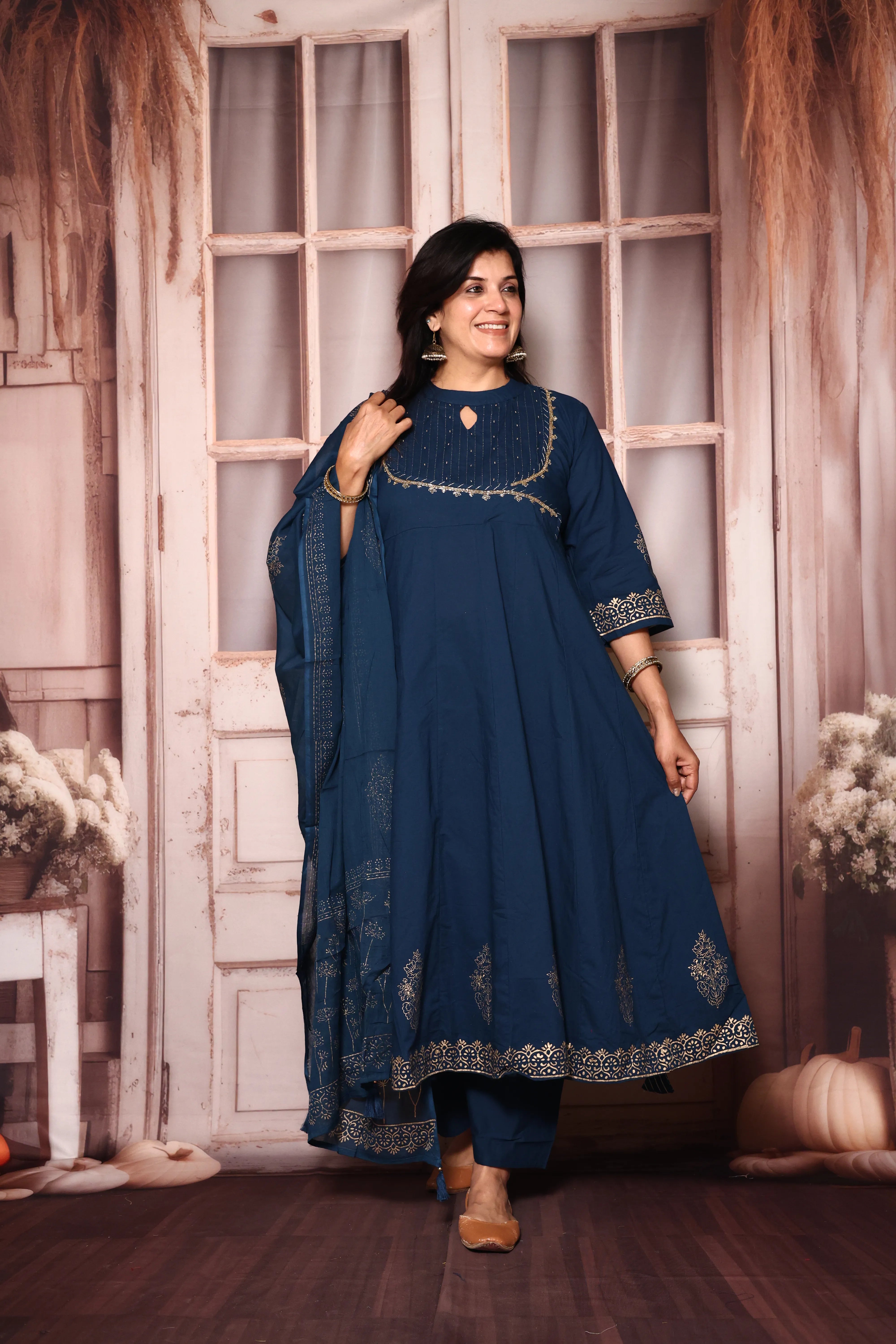 Classic Blue A-Line Kurta Pant with Dupatta Set | Foil Print & Yoke Pearl Embroidery