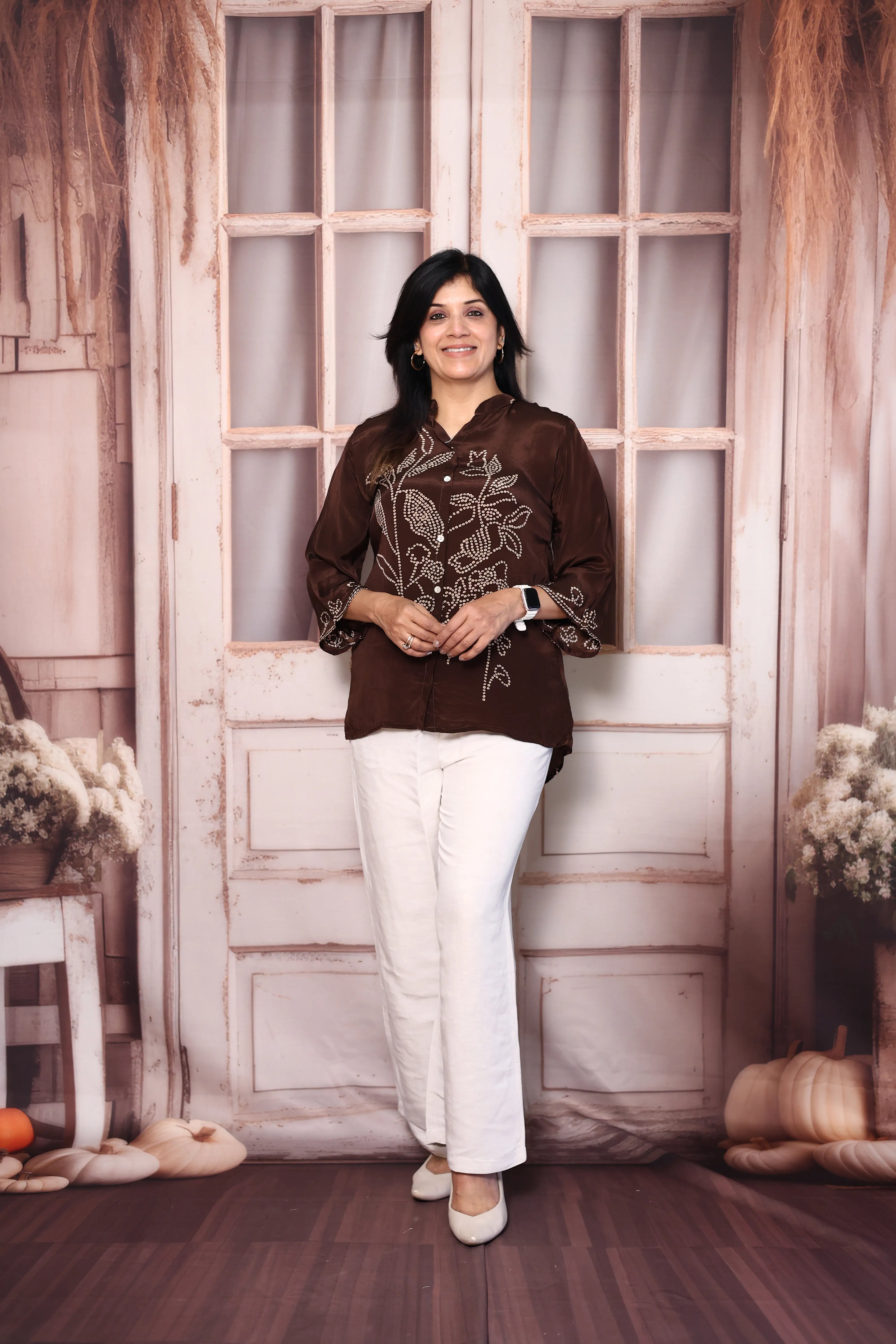 Dark Brown Bandhani Print Shirt for Women | Pure Crepe Tunic with Back Madhubani Print