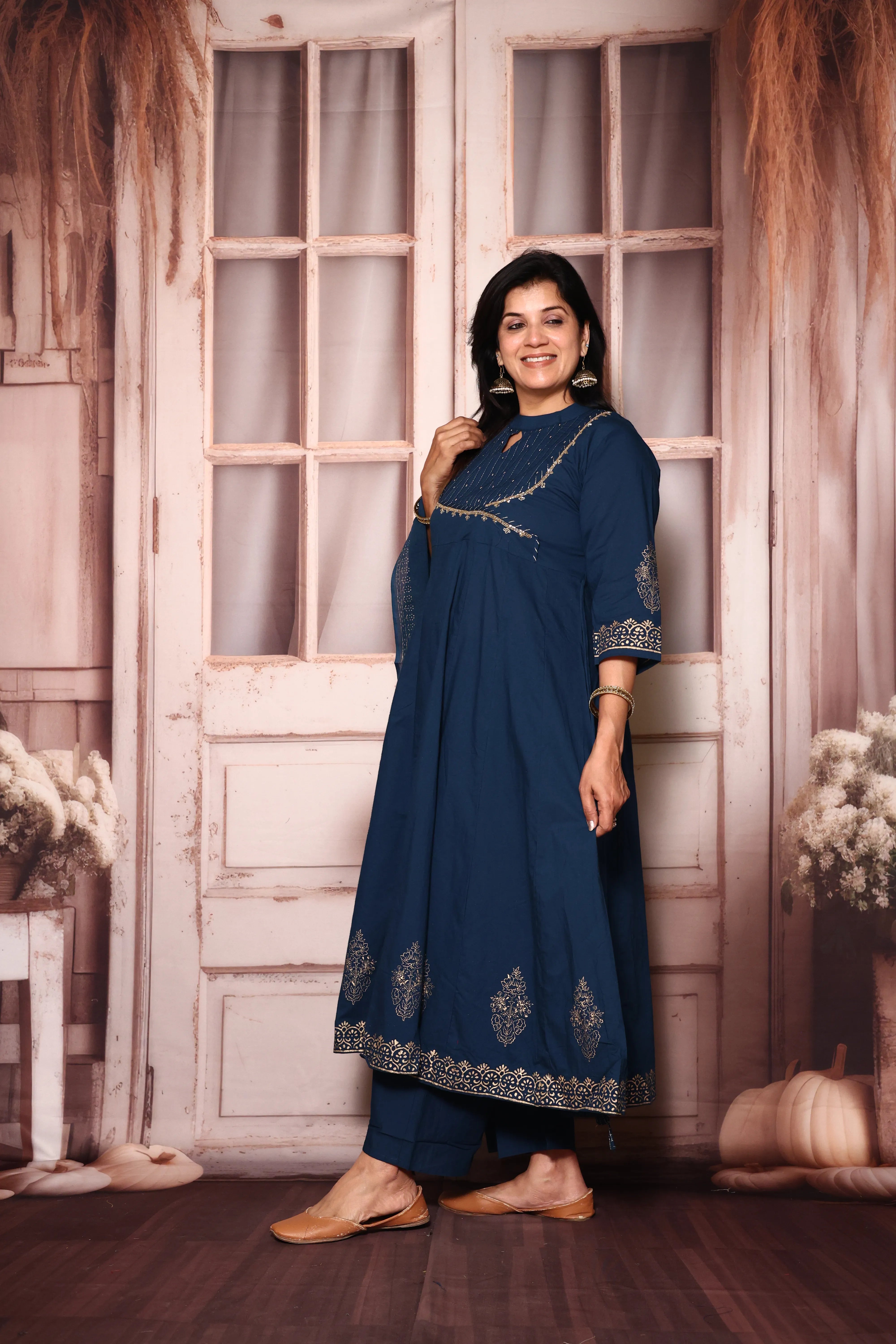 Classic Blue A-Line Kurta Pant with Dupatta Set | Foil Print & Yoke Pearl Embroidery