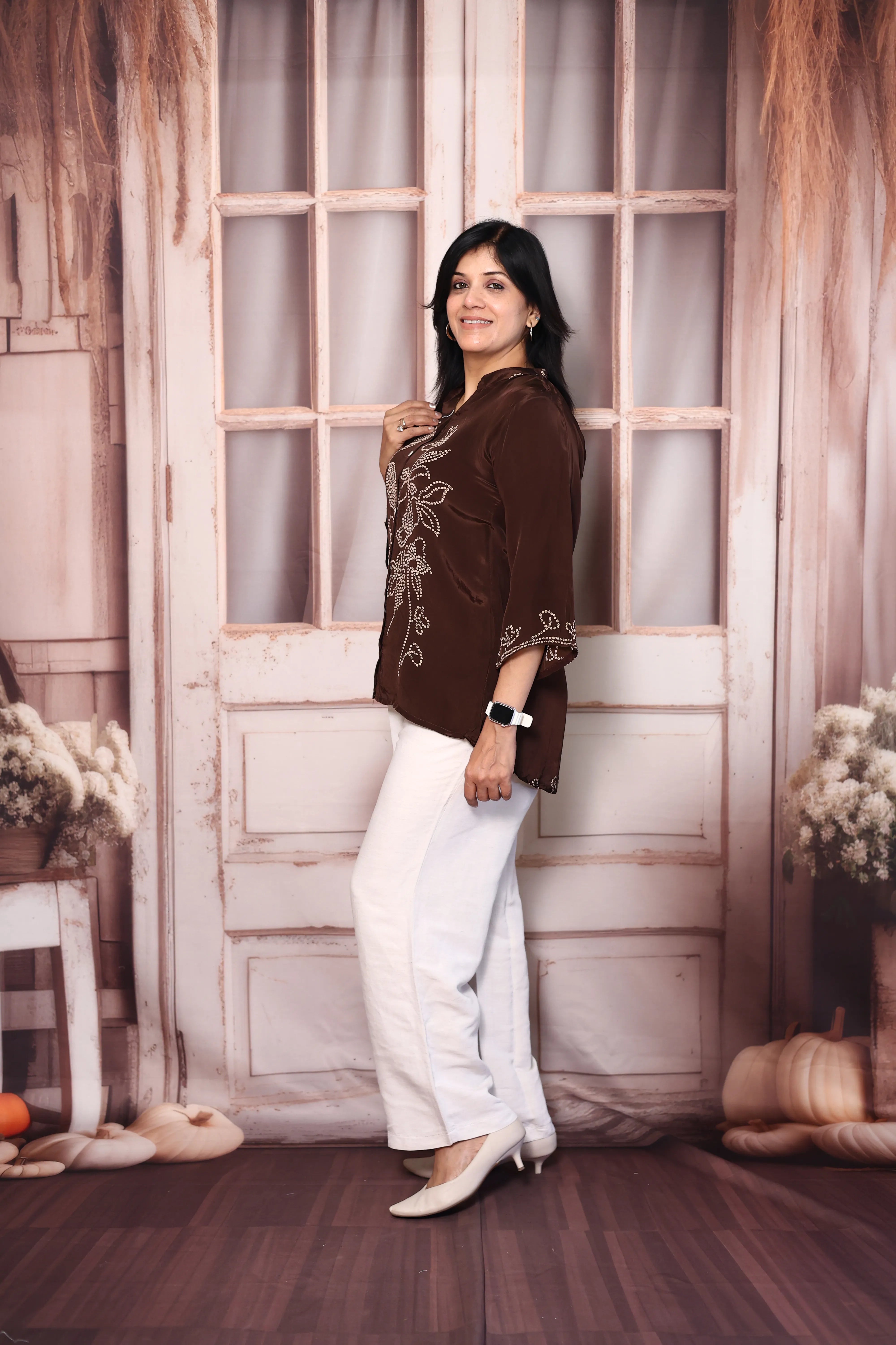 Dark Brown Bandhani Print Shirt for Women | Pure Crepe Tunic with Back Madhubani Print