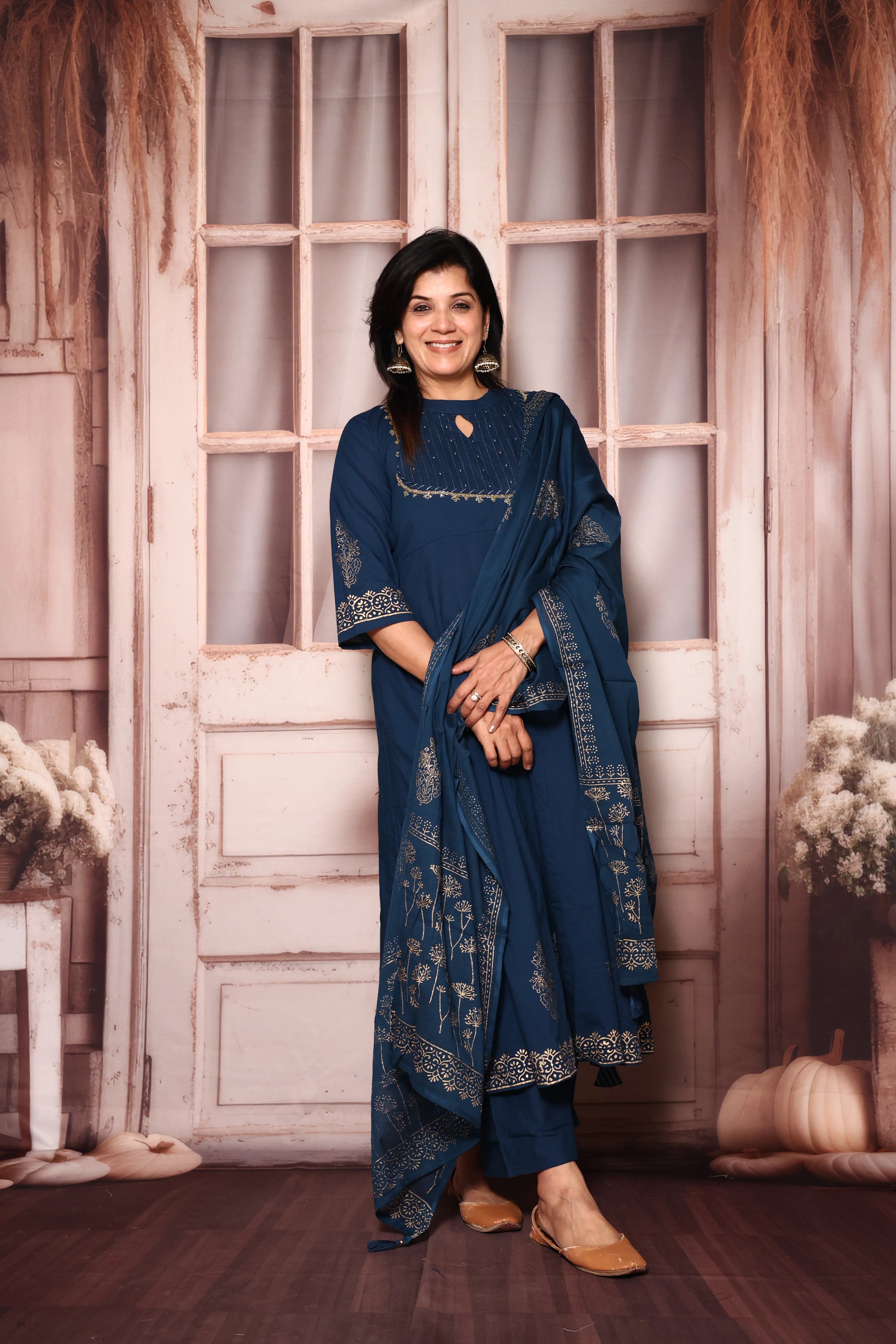 Classic Blue A-Line Kurta Pant with Dupatta Set | Foil Print & Yoke Pearl Embroidery