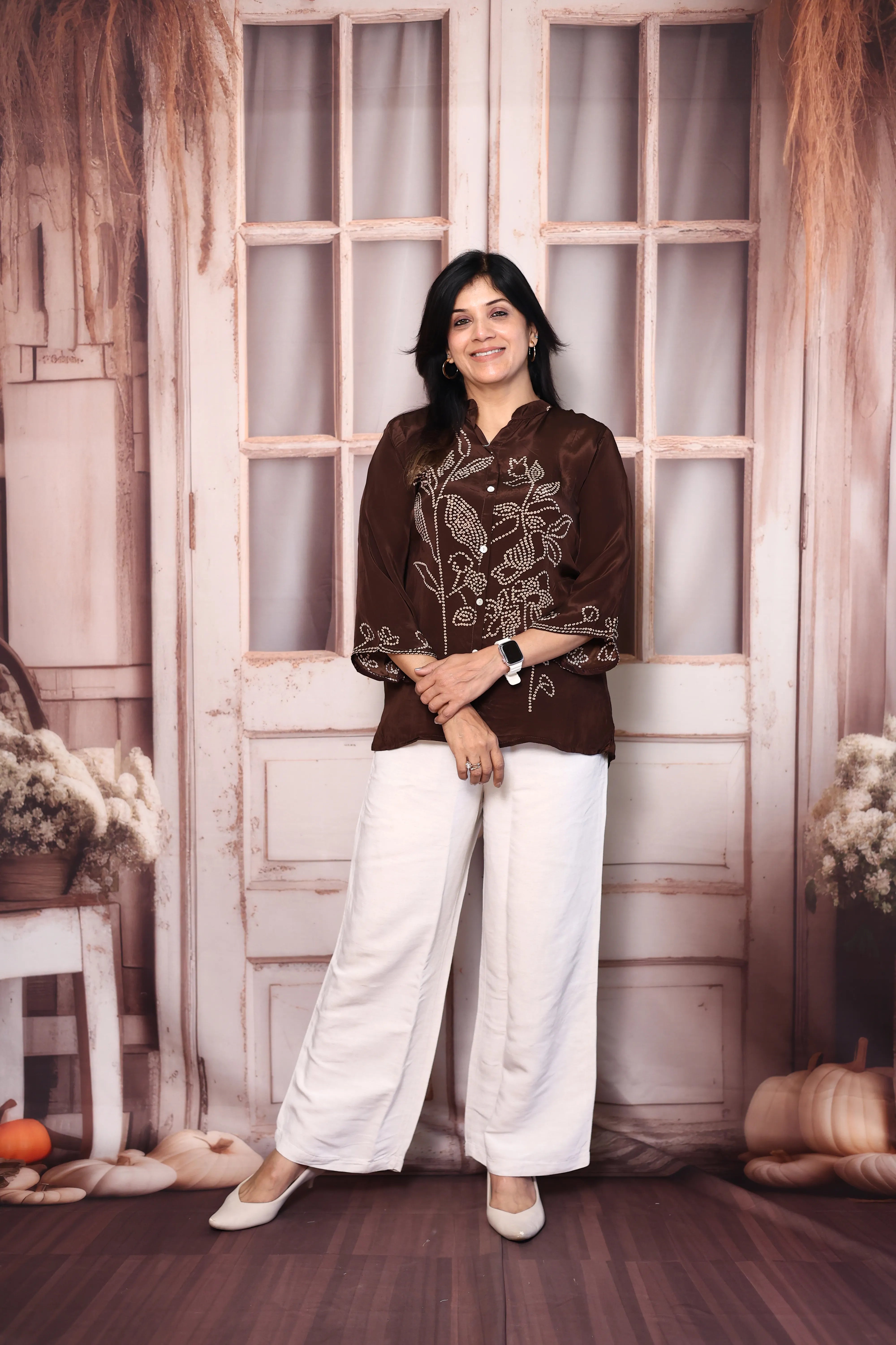 Dark Brown Bandhani Print Shirt for Women | Pure Crepe Tunic with Back Madhubani Print