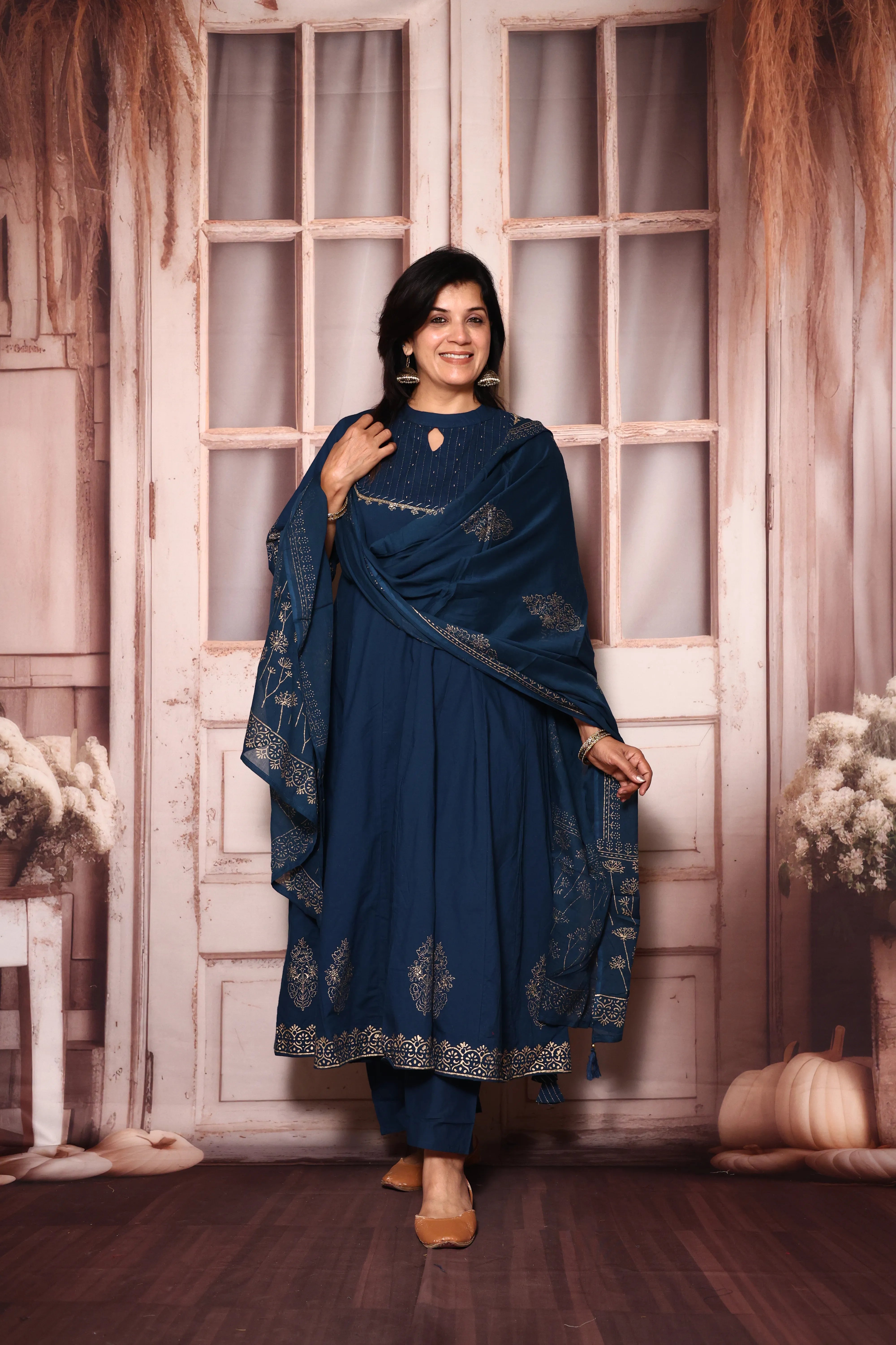 Classic Blue A-Line Kurta Pant with Dupatta Set | Foil Print & Yoke Pearl Embroidery