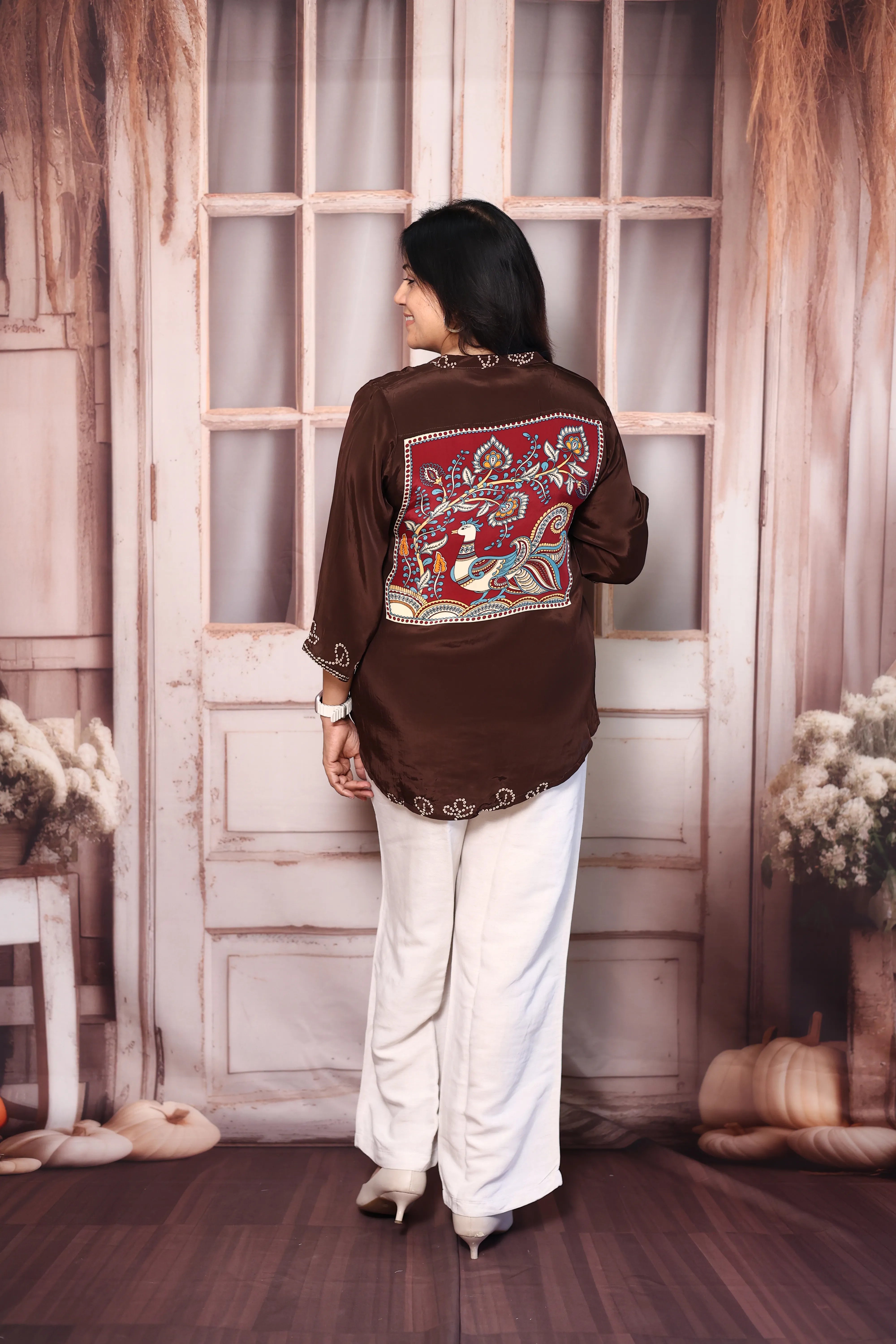 Dark Brown Bandhani Print Shirt for Women | Pure Crepe Tunic with Back Madhubani Print