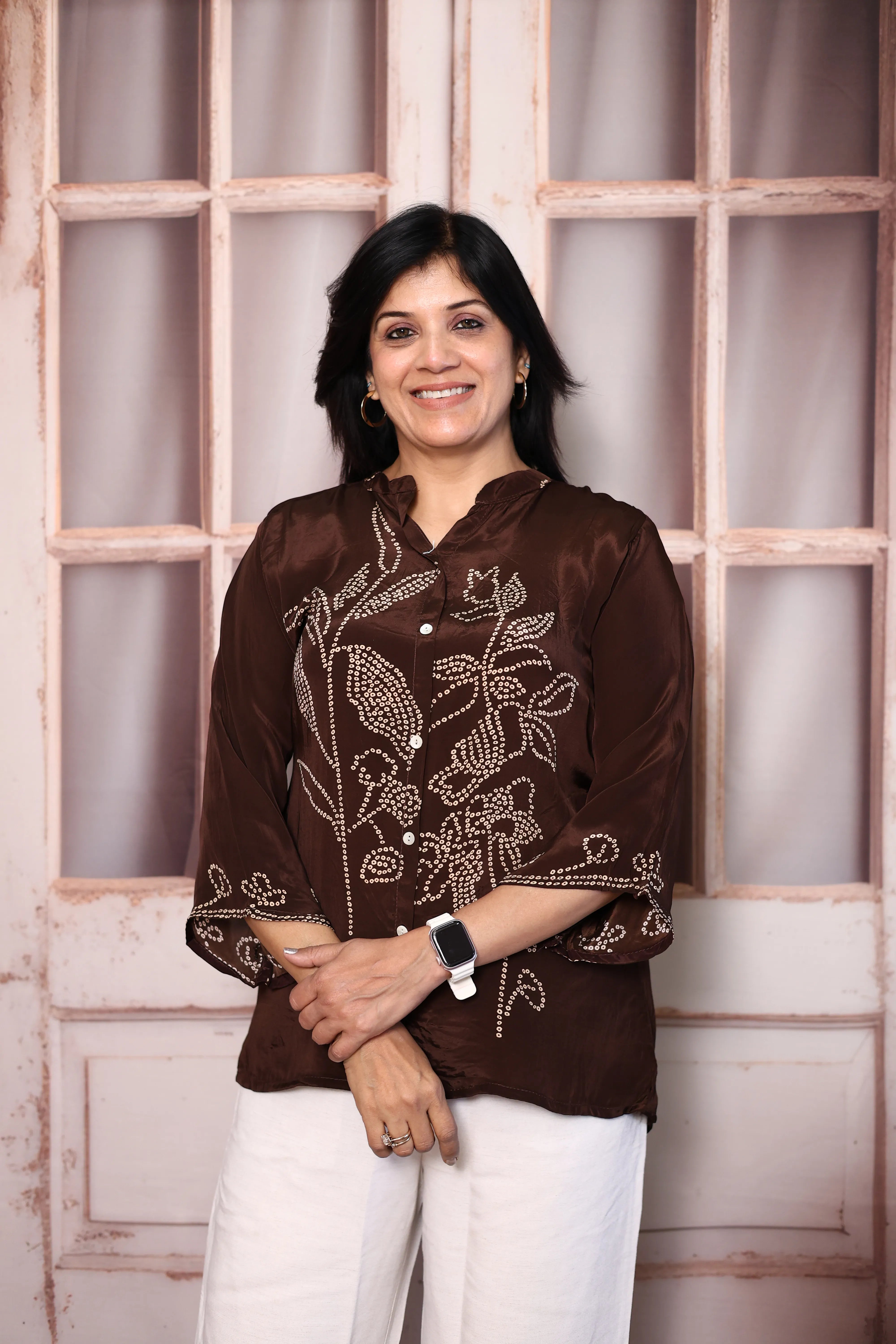 Dark Brown Bandhani Print Shirt for Women | Pure Crepe Tunic with Back Madhubani Print