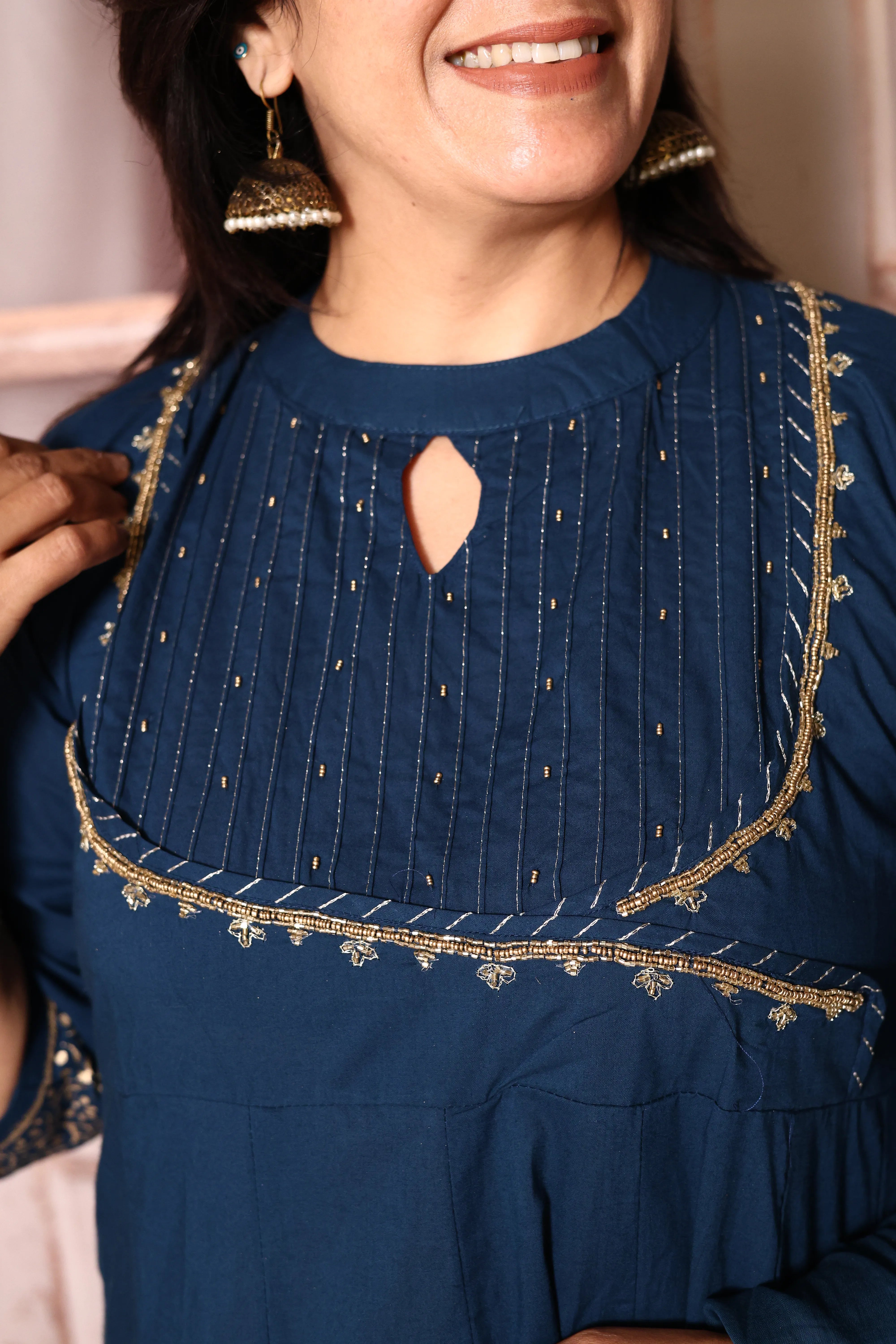 Classic Blue A-Line Kurta Pant with Dupatta Set | Foil Print & Yoke Pearl Embroidery