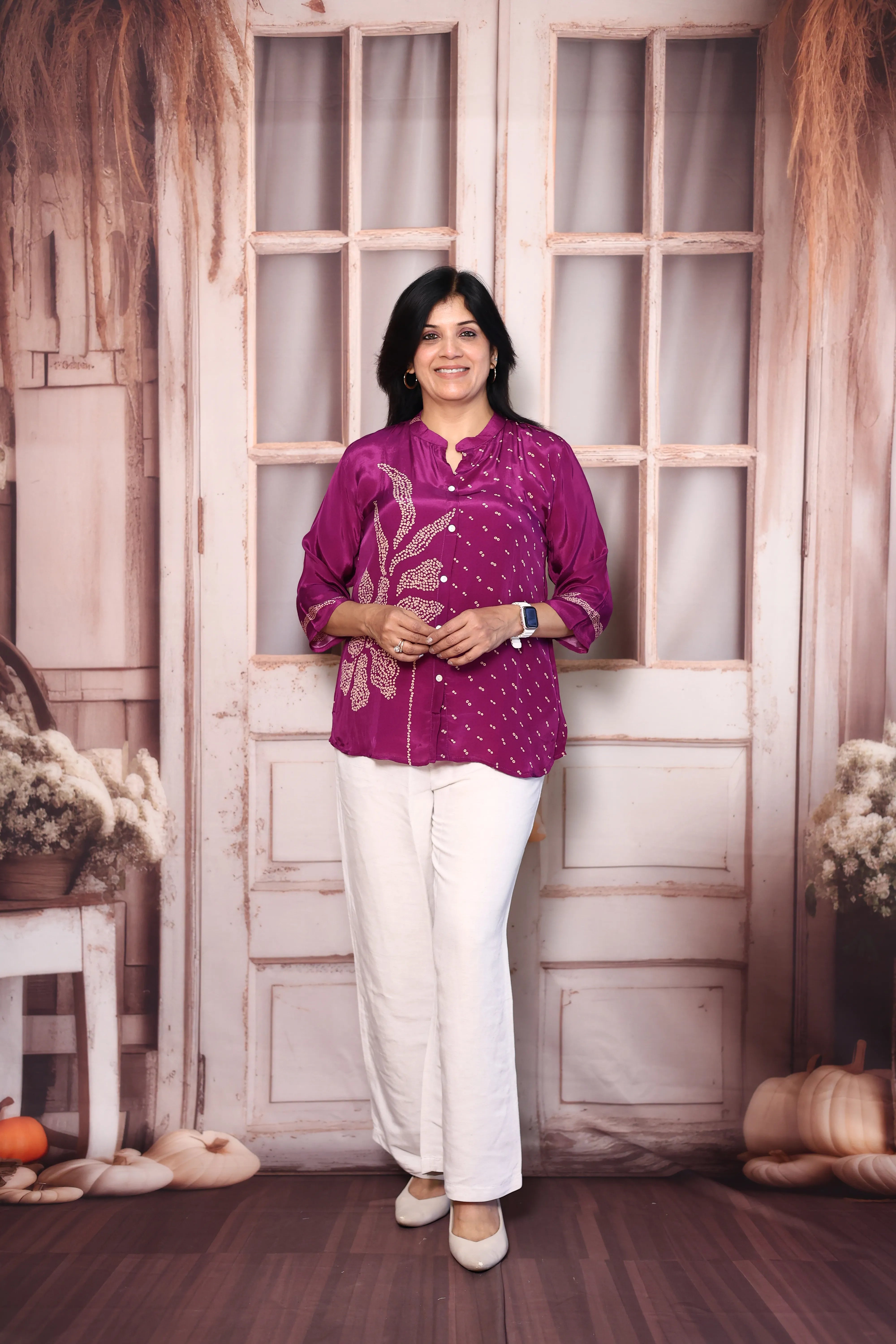 Magenta Bandhani Print Shirt for Women | Pure Crepe Tunic with Back Madhubani Print