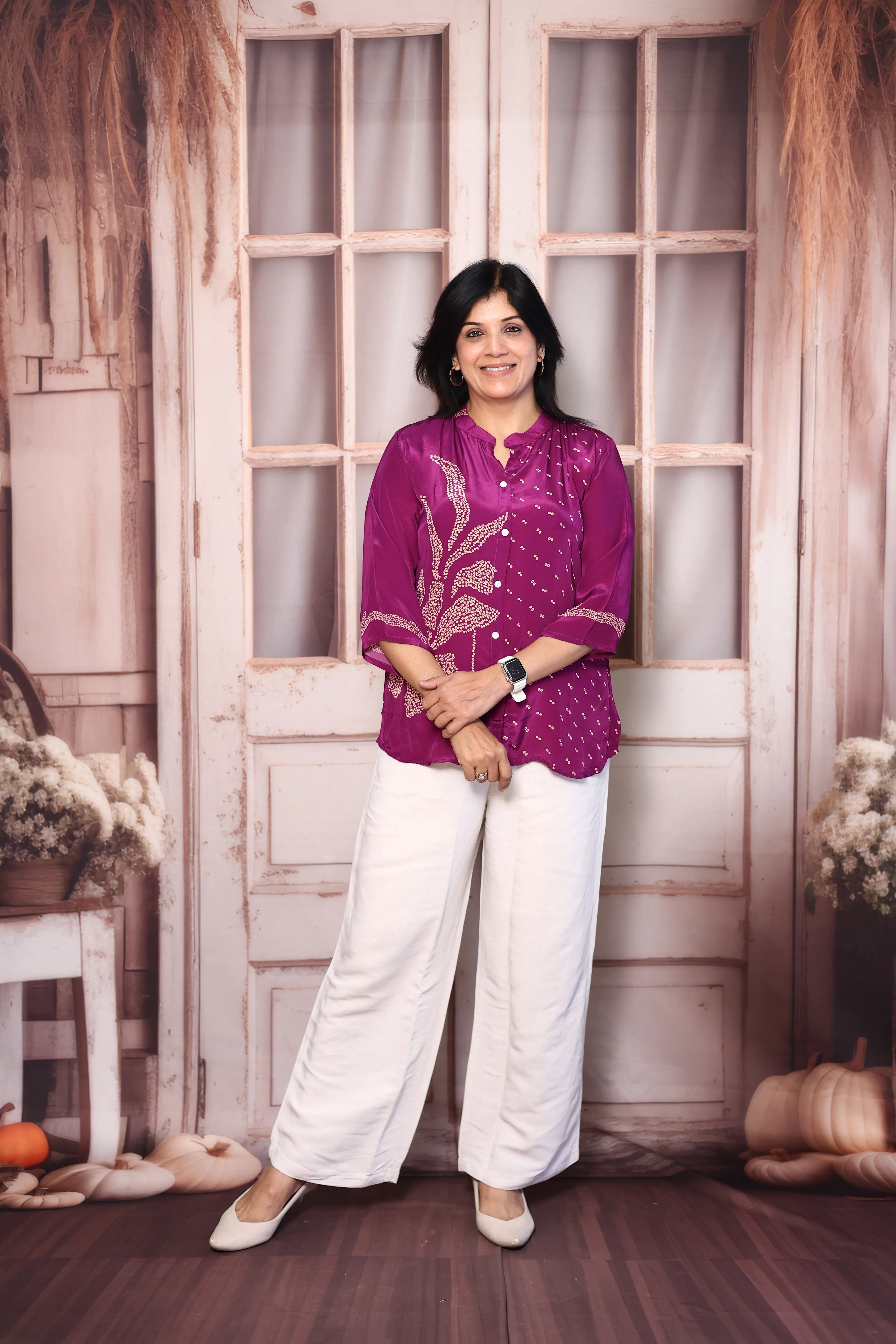 Magenta Bandhani Print Shirt for Women | Pure Crepe Tunic with Back Madhubani Print