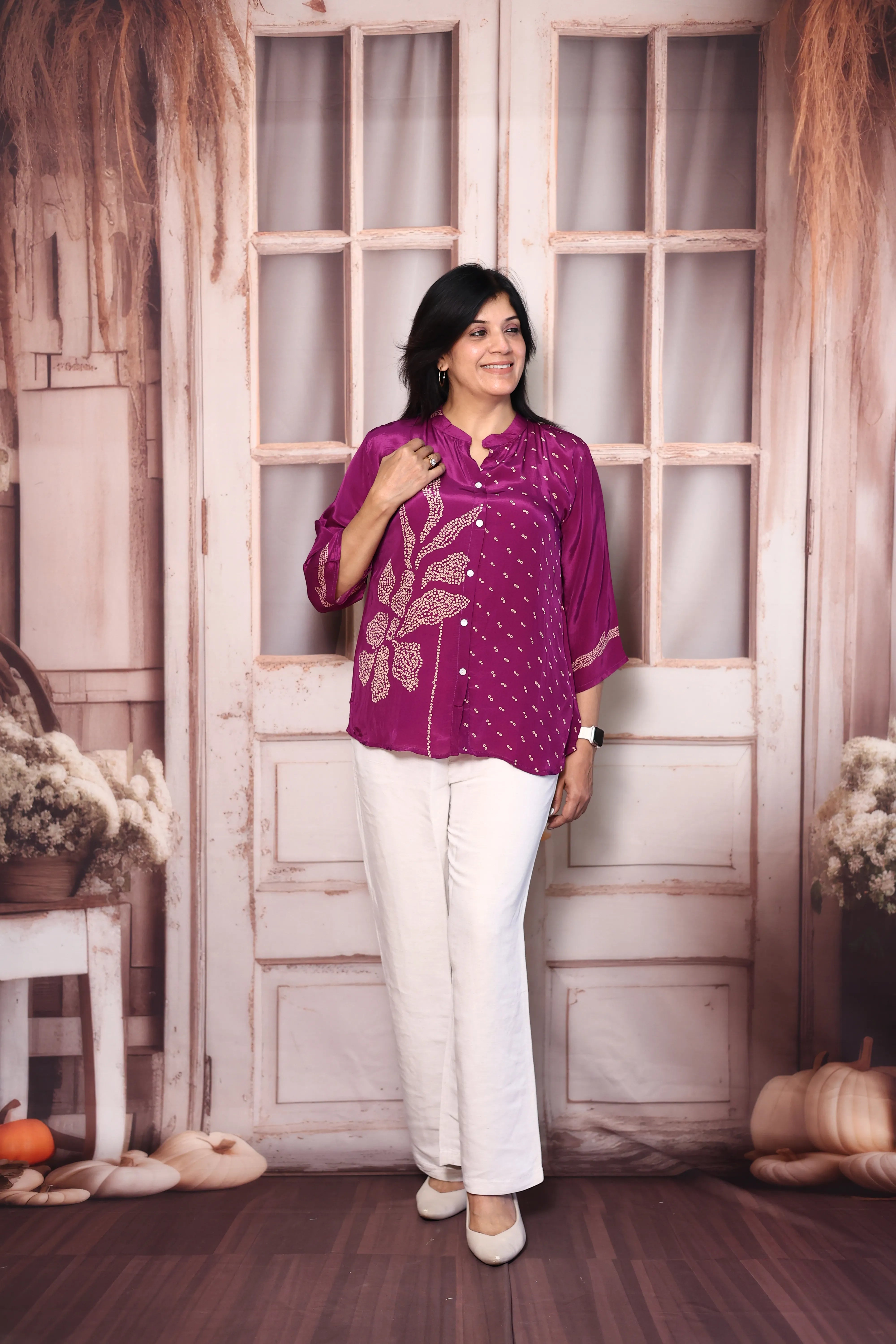 Magenta Bandhani Print Shirt for Women | Pure Crepe Tunic with Back Madhubani Print