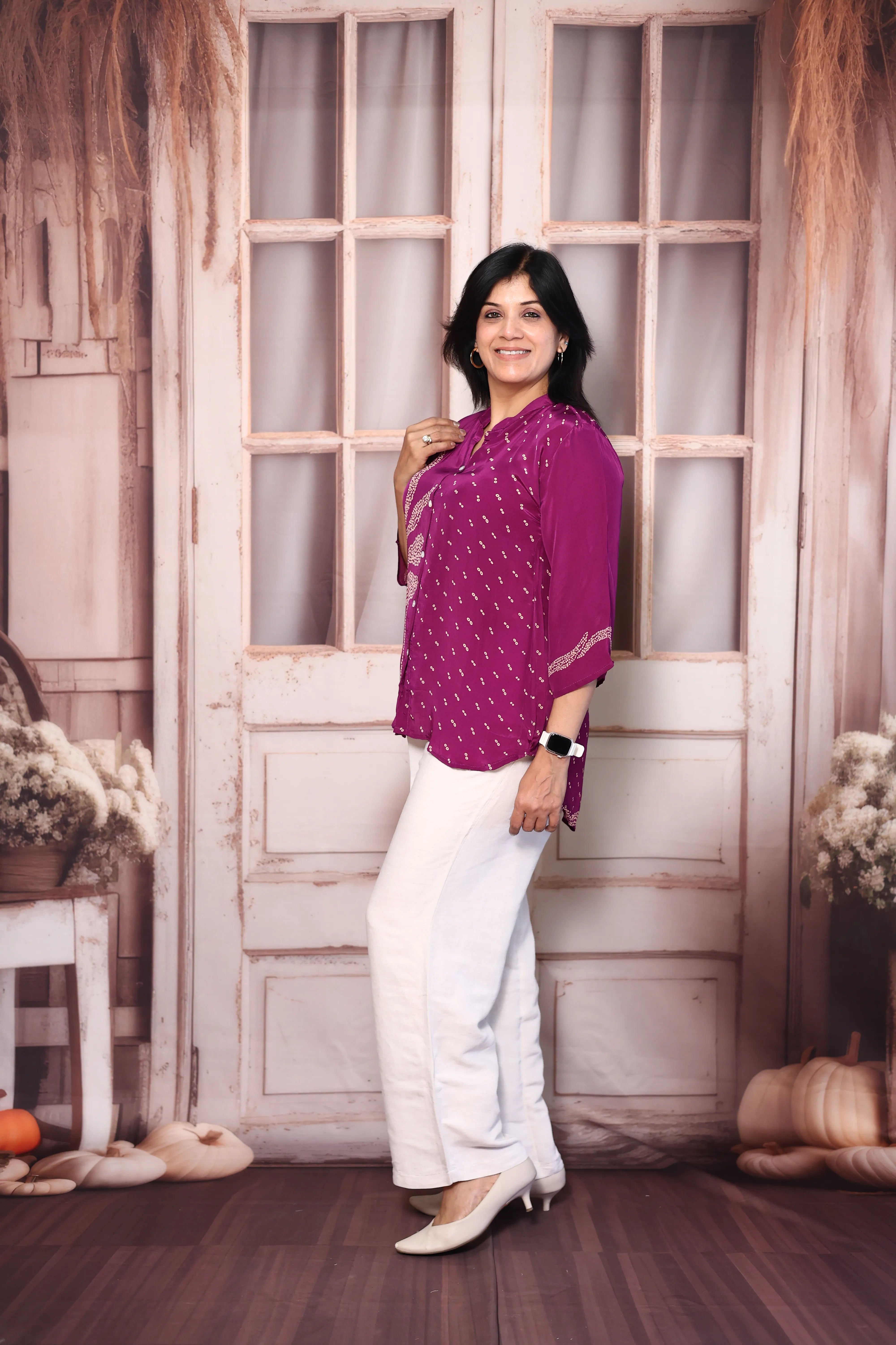 Magenta Bandhani Print Shirt for Women | Pure Crepe Tunic with Back Madhubani Print