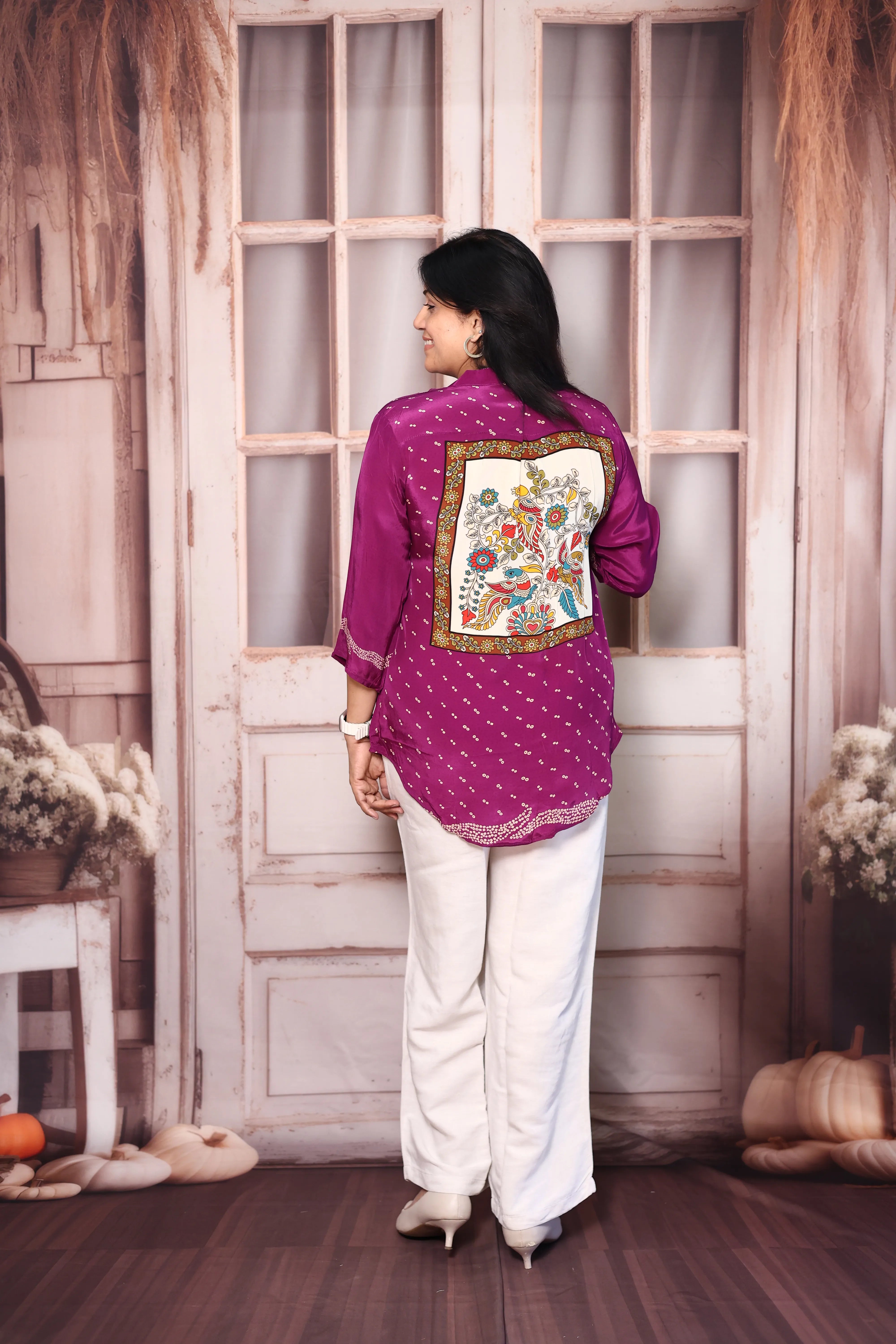 Magenta Bandhani Print Shirt for Women | Pure Crepe Tunic with Back Madhubani Print