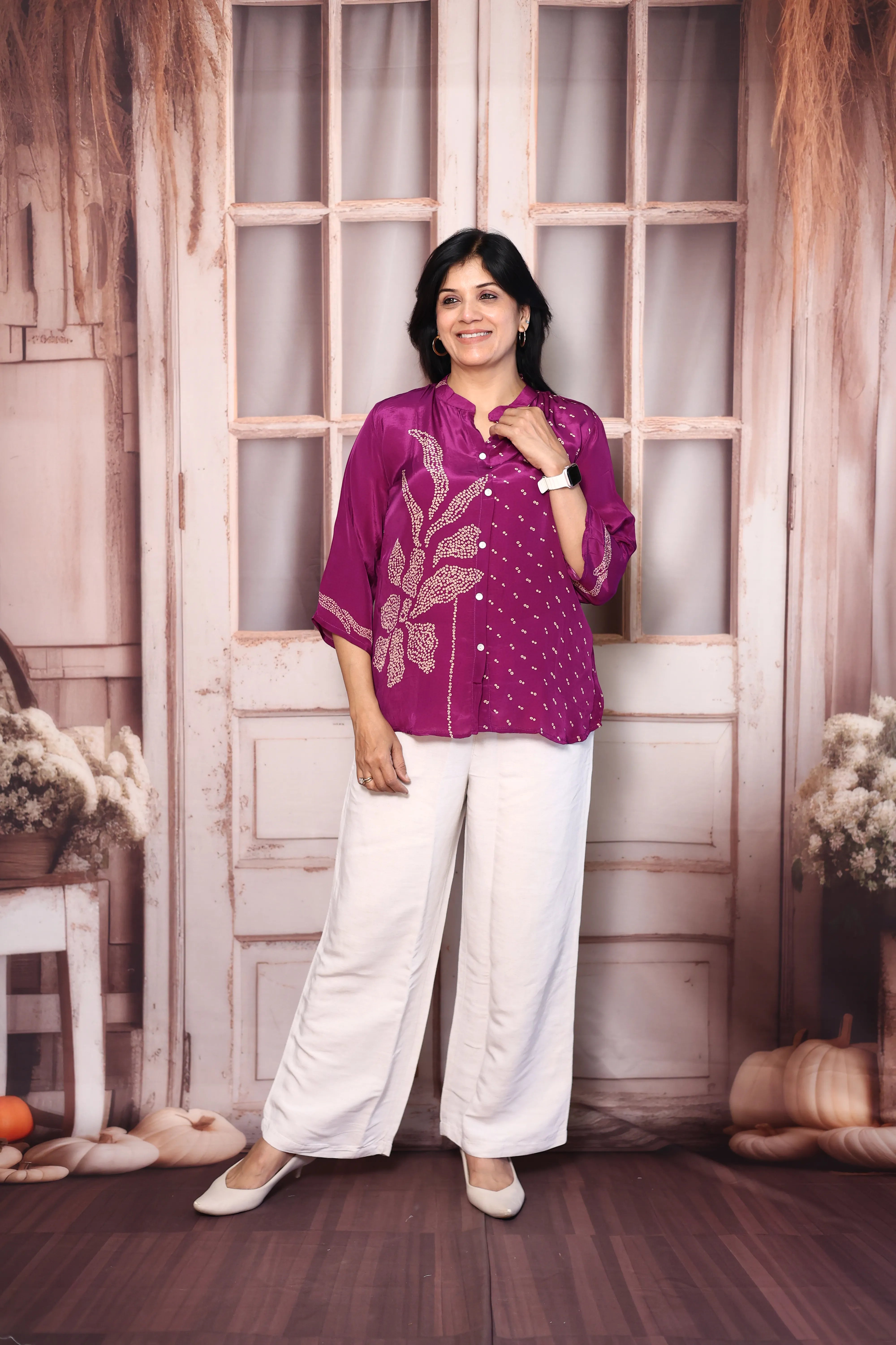 Magenta Bandhani Print Shirt for Women | Pure Crepe Tunic with Back Madhubani Print