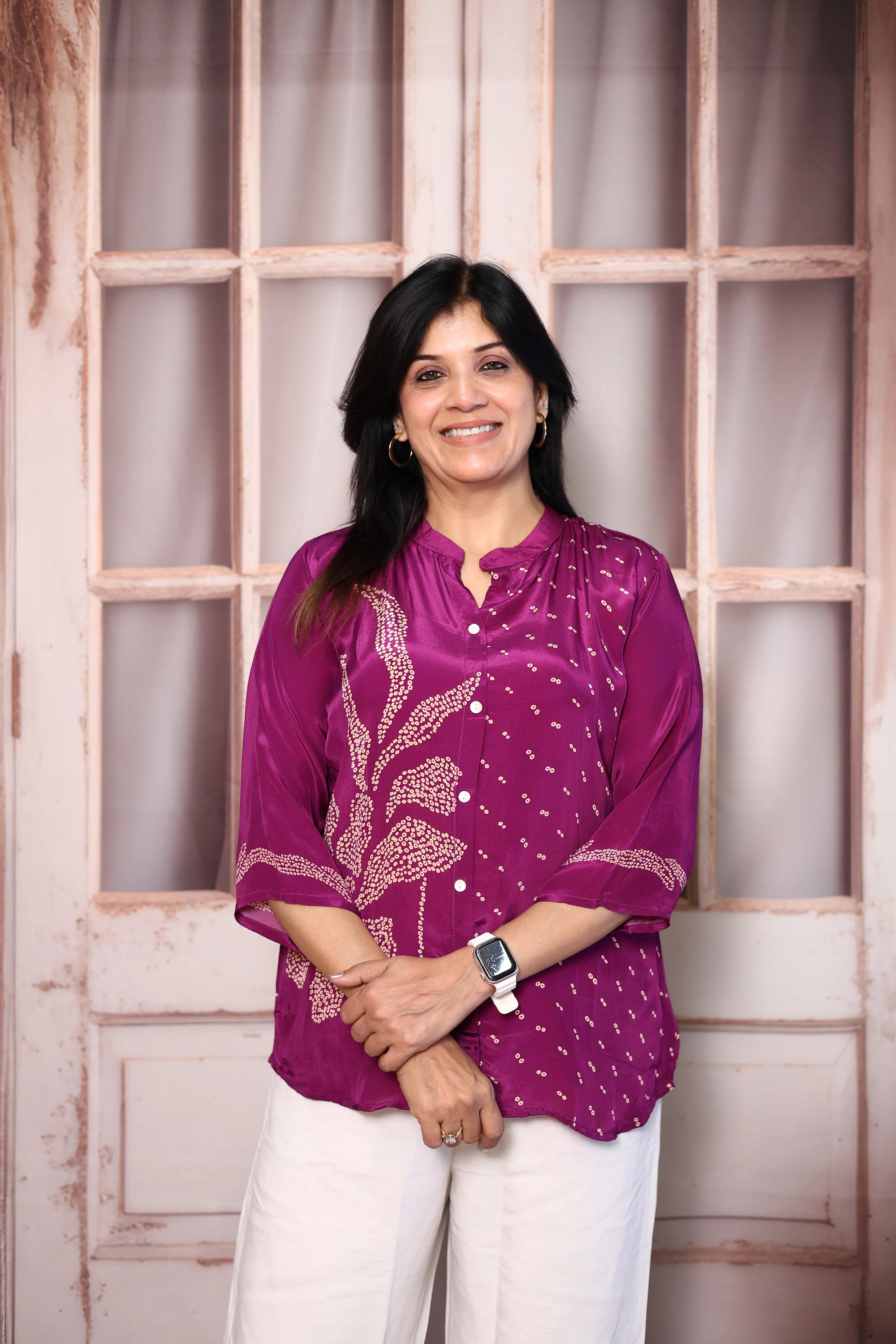 Magenta Bandhani Print Shirt for Women | Pure Crepe Tunic with Back Madhubani Print