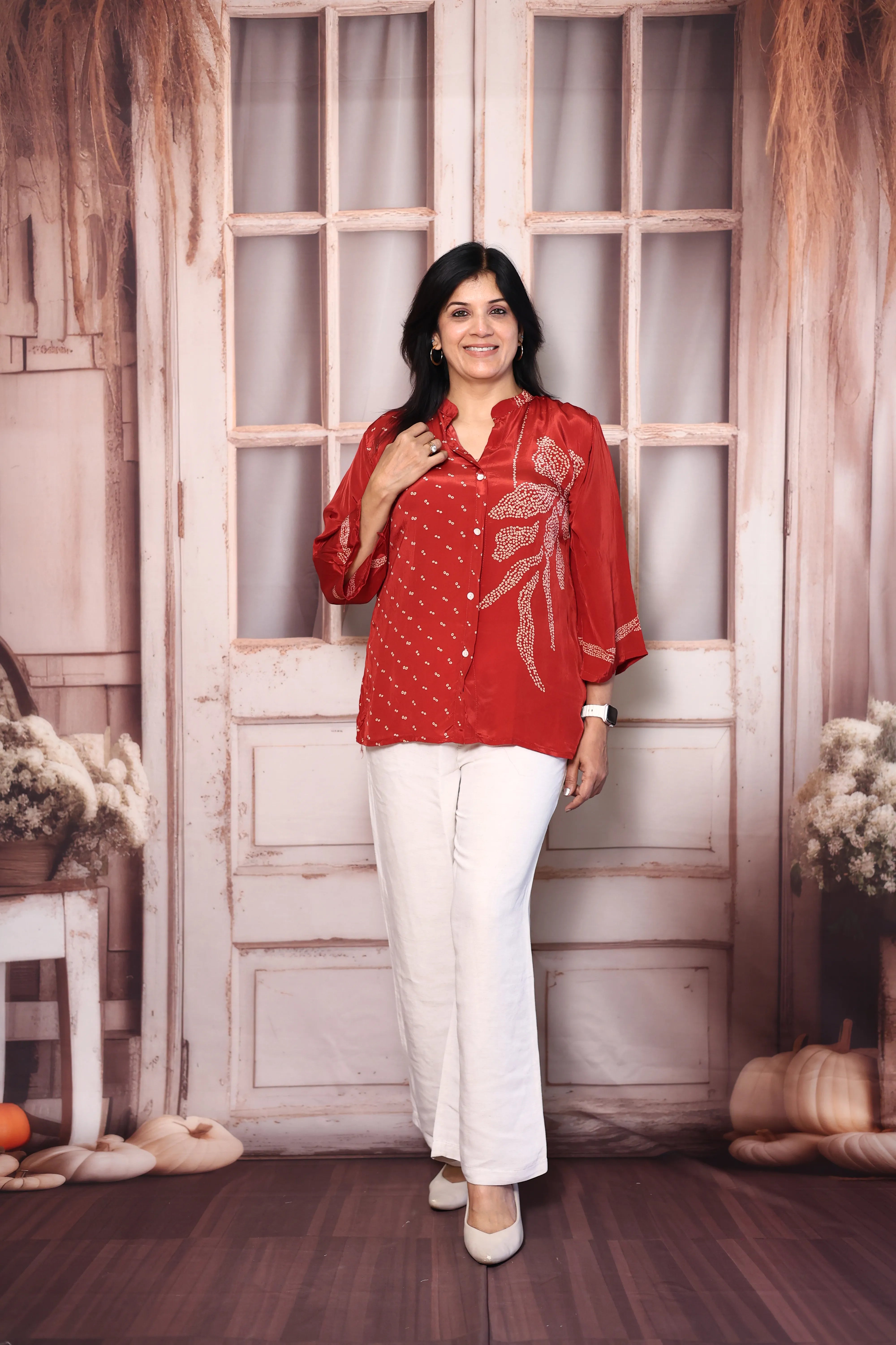 Red Bandhani & Madhubani Print Crepe Shirt Tunic | Indo-Fusion Collared Top