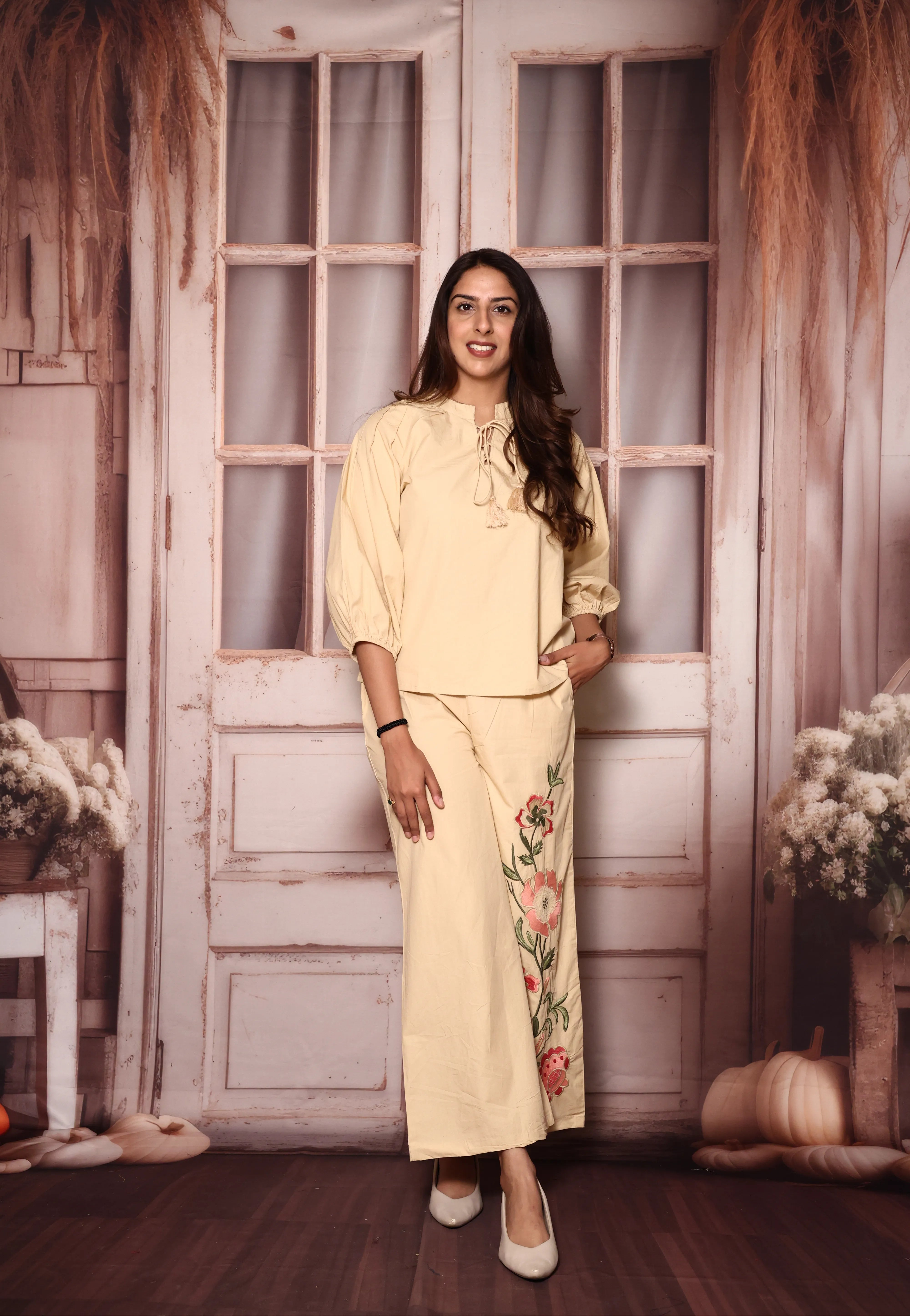 Beige Floral Embroidered Palazzo Co-Ord Set | Cotton Poplin | Thread Work Ethnic Wear