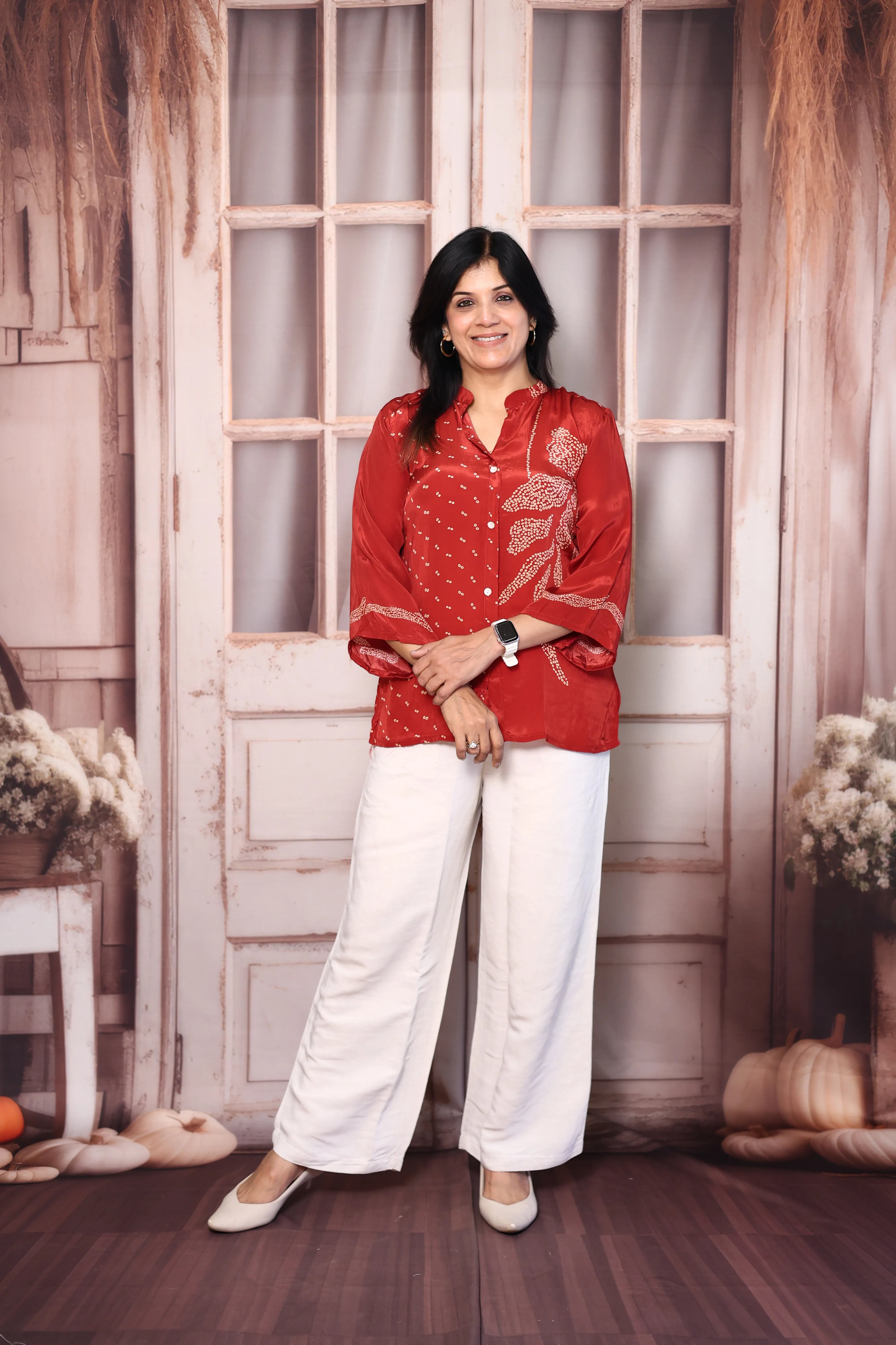 Red Bandhani & Madhubani Print Crepe Shirt Tunic | Indo-Fusion Collared Top