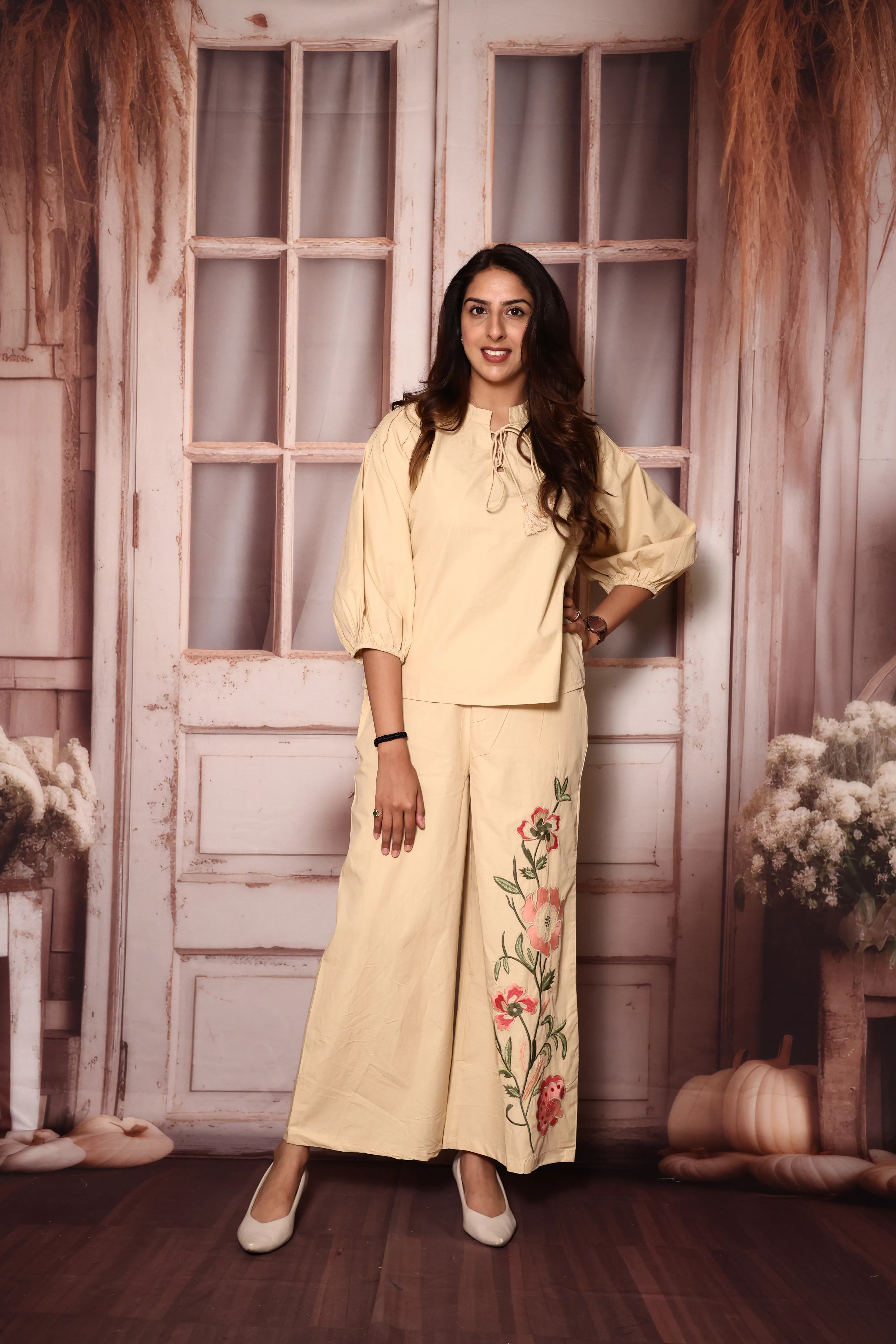 Beige Floral Embroidered Palazzo Co-Ord Set | Cotton Poplin | Thread Work Ethnic Wear