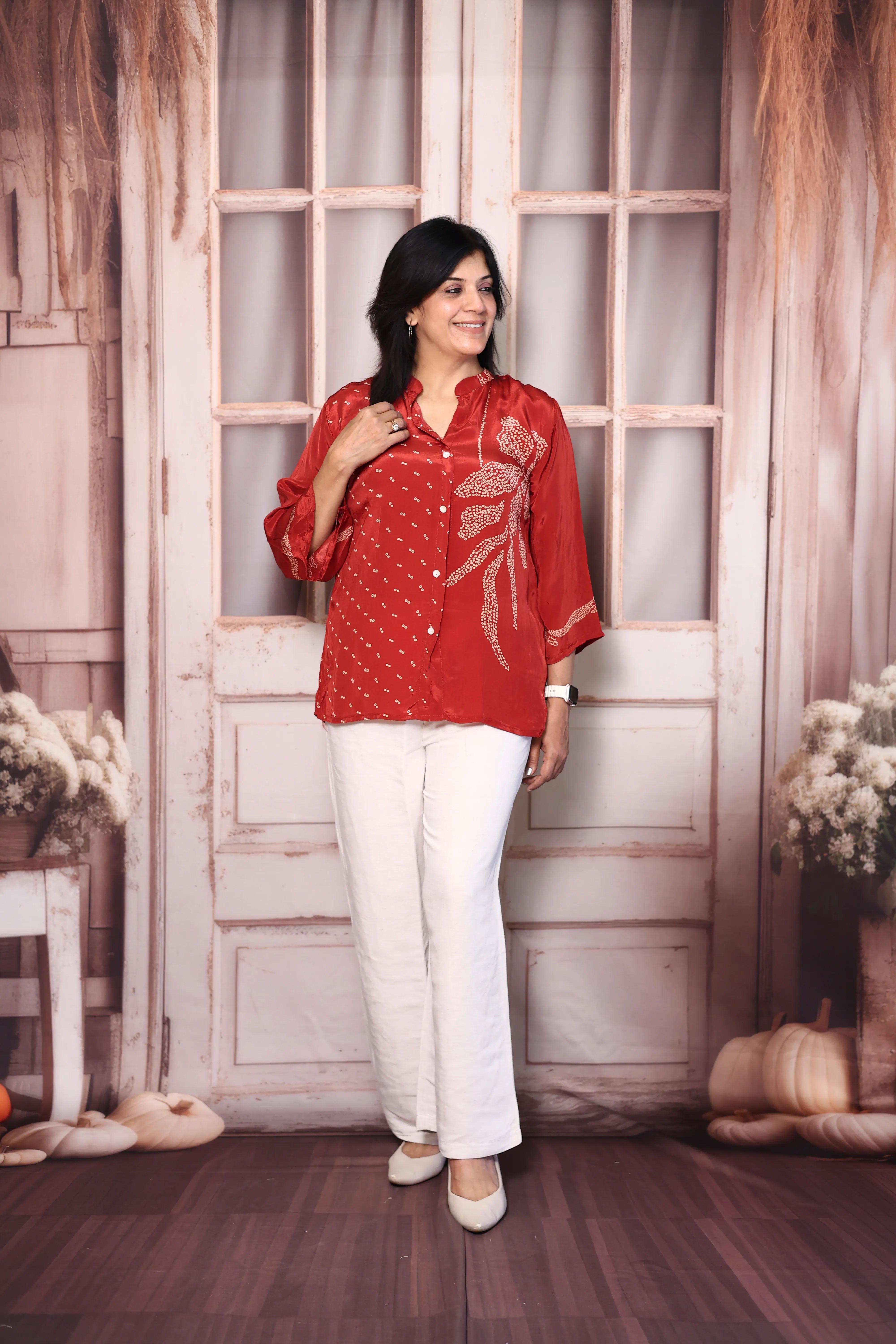 Red Bandhani & Madhubani Print Crepe Shirt Tunic | Indo-Fusion Collared Top