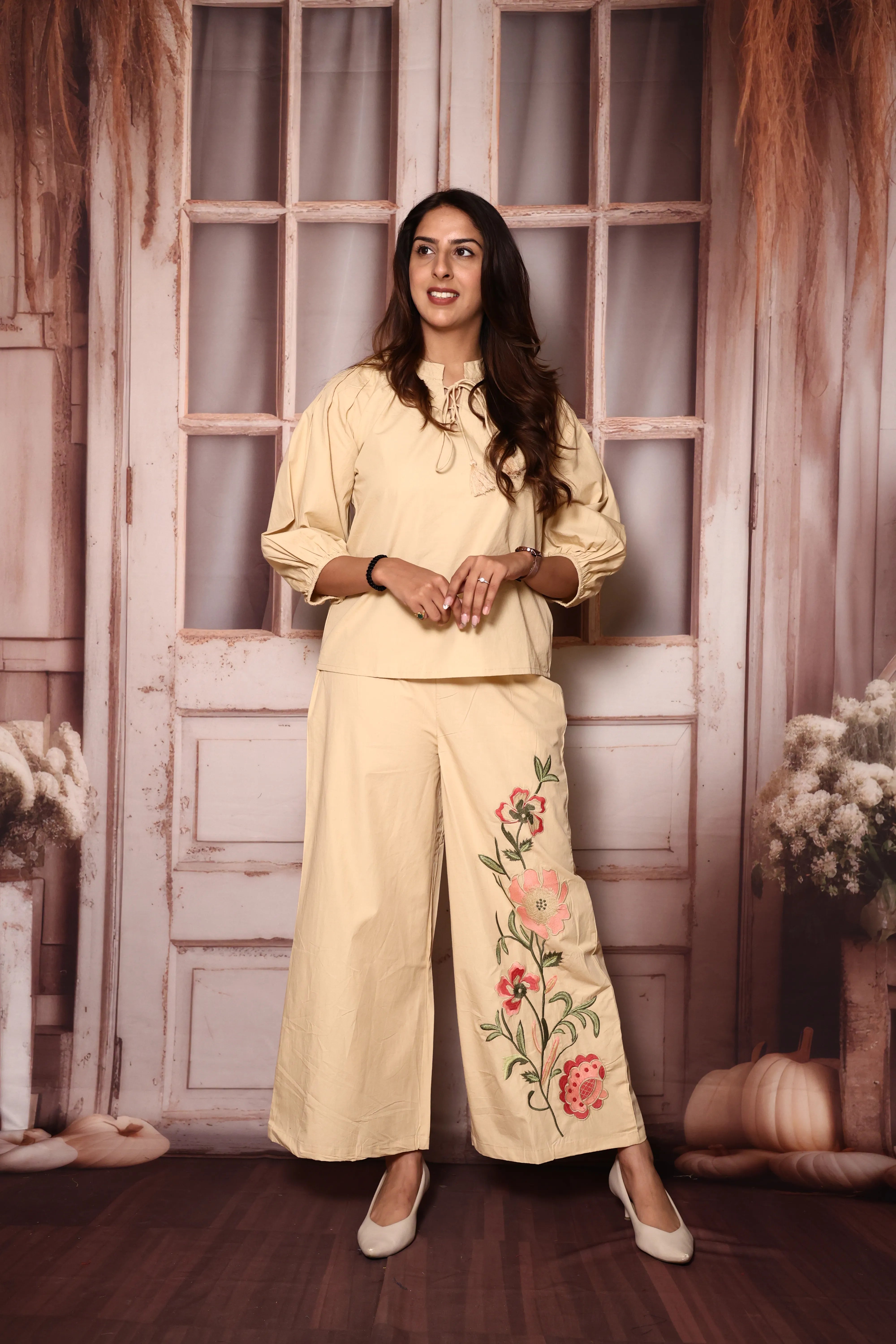 Beige Floral Embroidered Palazzo Co-Ord Set | Cotton Poplin | Thread Work Ethnic Wear