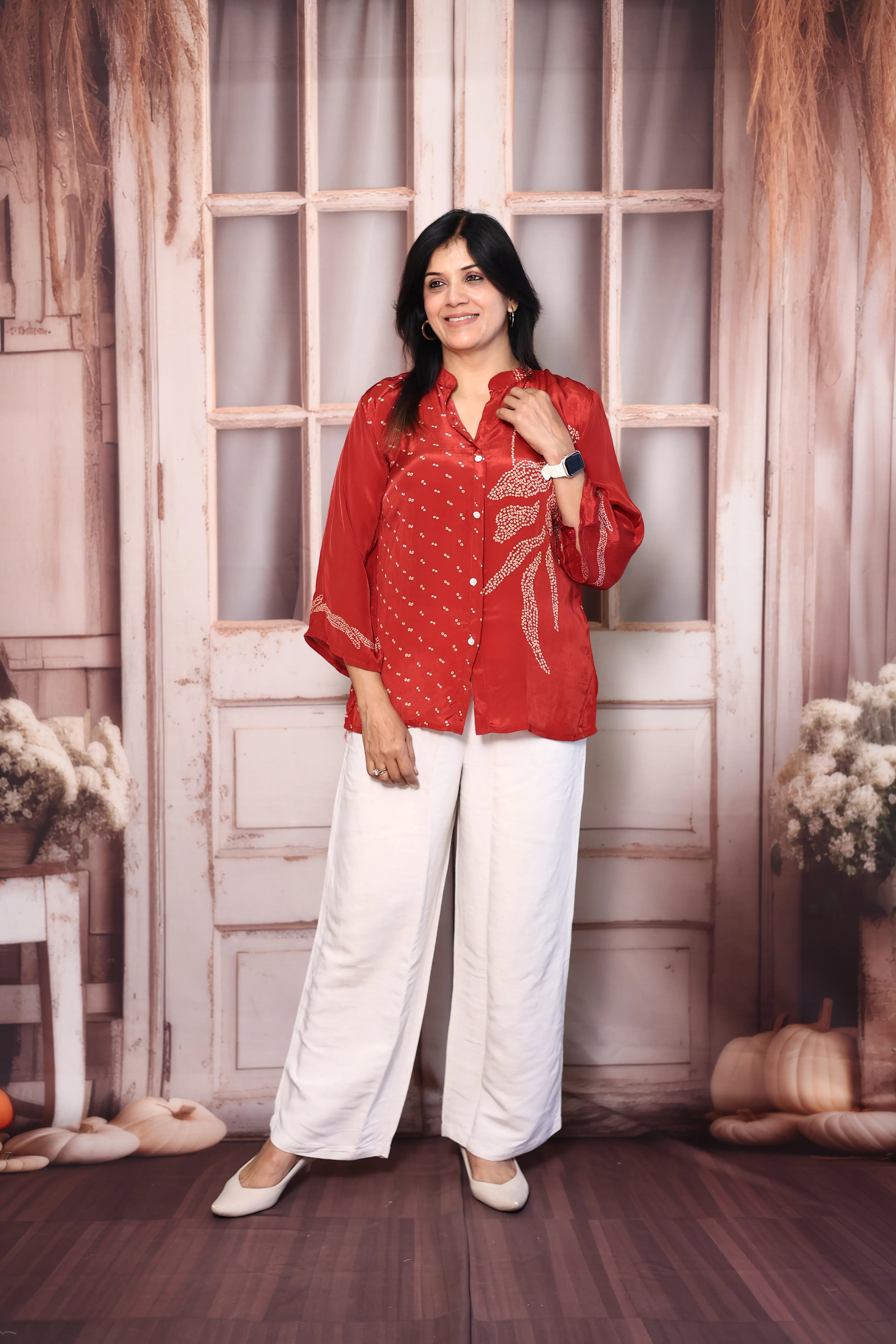 Red Bandhani & Madhubani Print Crepe Shirt Tunic | Indo-Fusion Collared Top