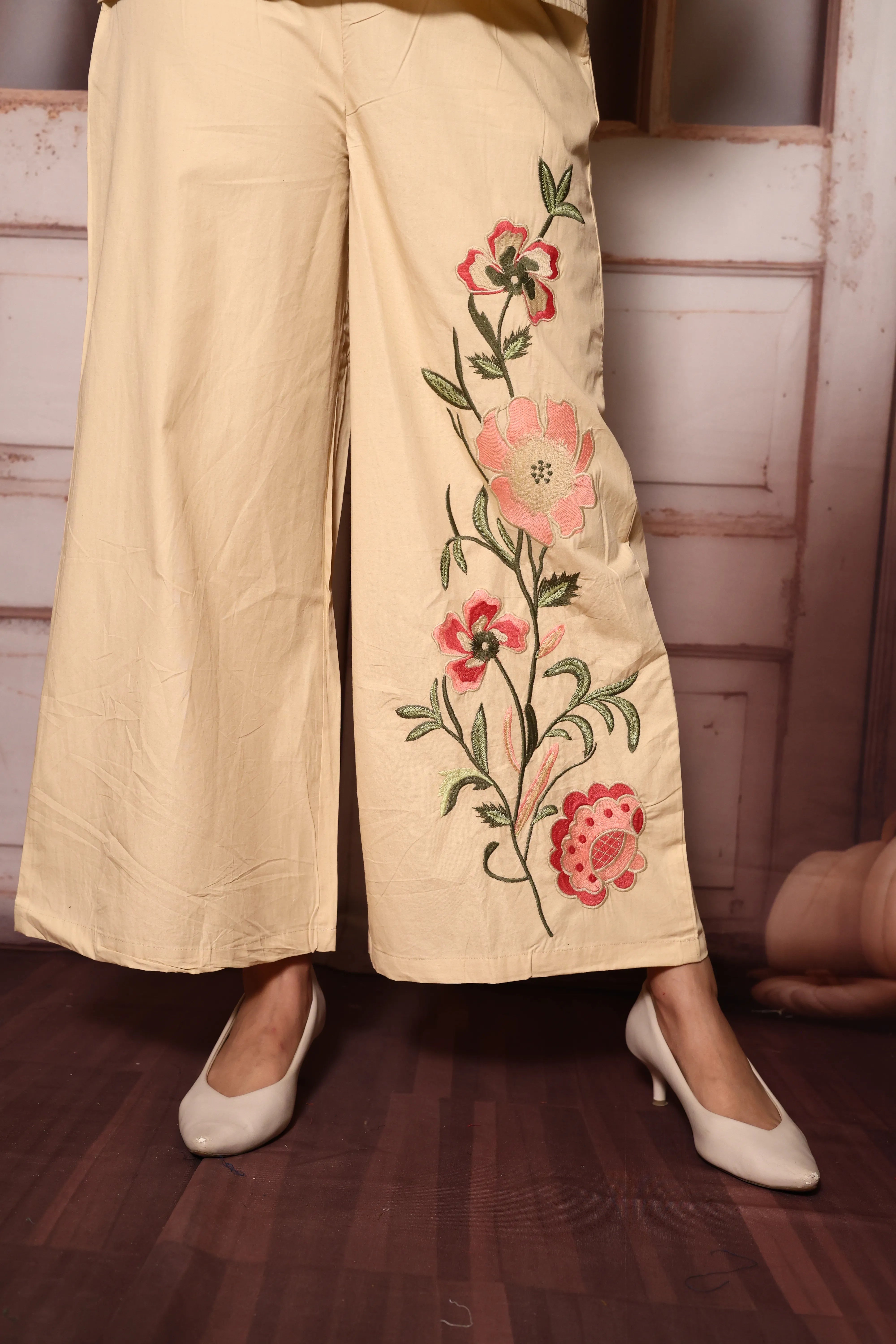 Beige Floral Embroidered Palazzo Co-Ord Set | Cotton Poplin | Thread Work Ethnic Wear