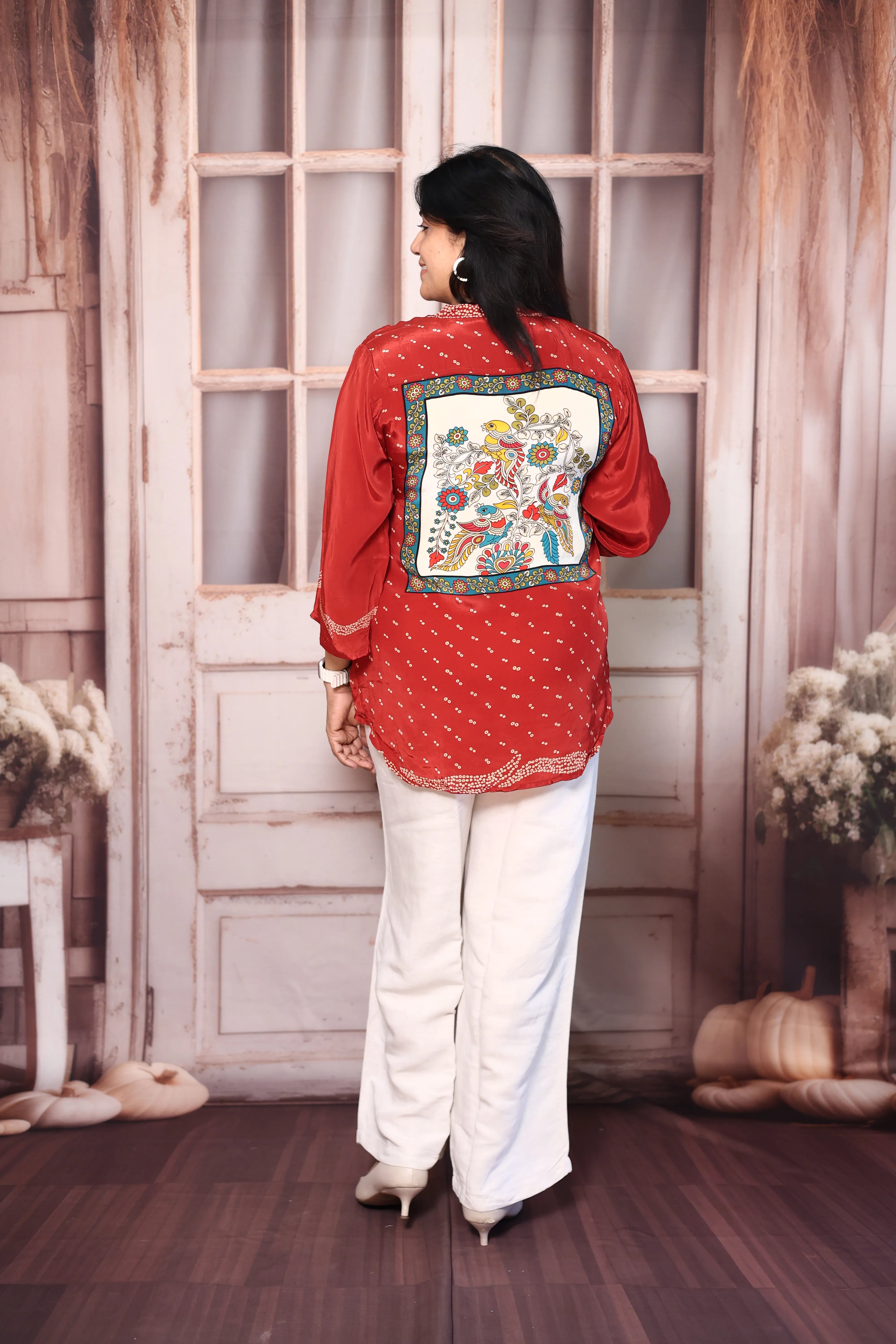 Red Bandhani & Madhubani Print Crepe Shirt Tunic | Indo-Fusion Collared Top