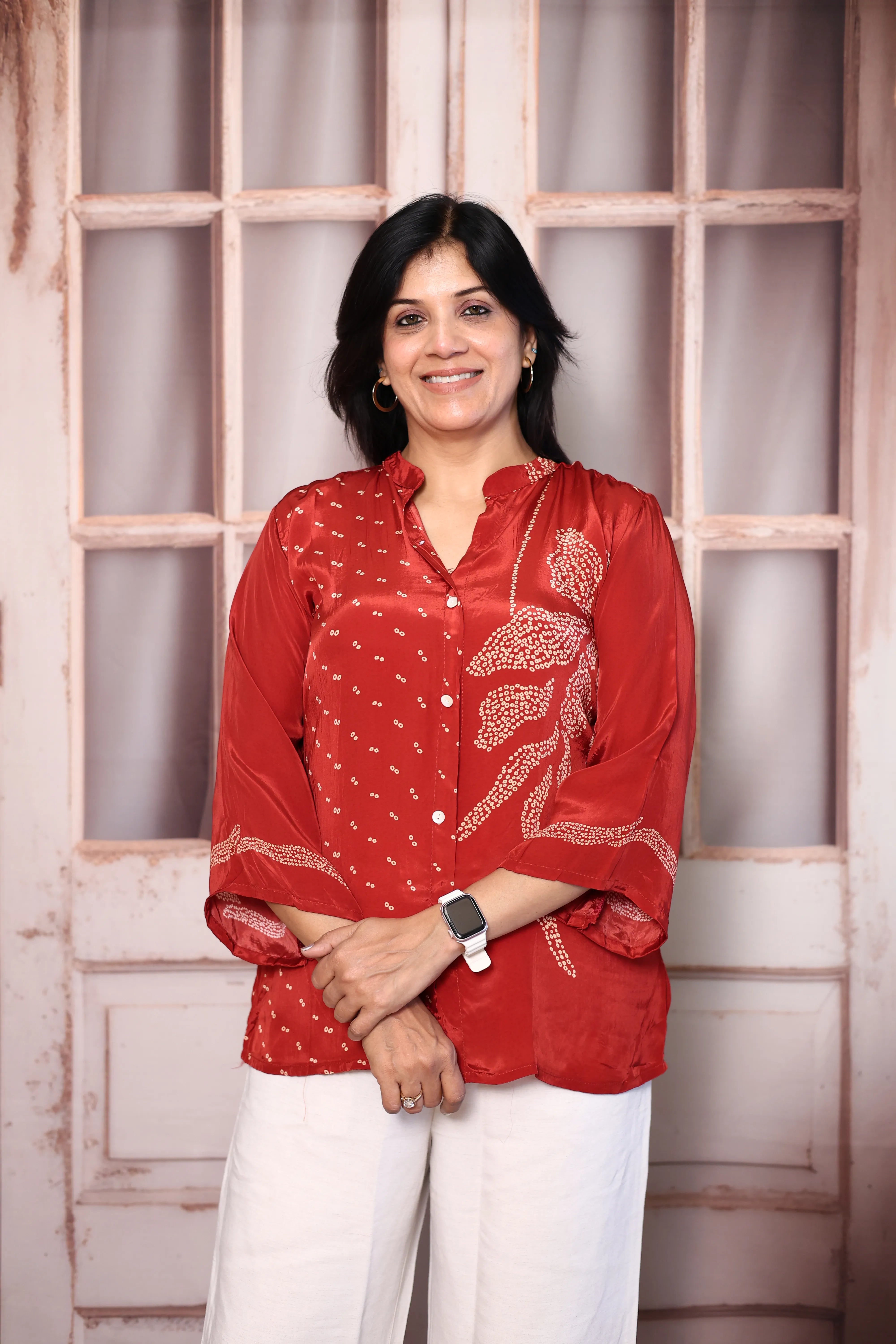 Red Bandhani & Madhubani Print Crepe Shirt Tunic | Indo-Fusion Collared Top