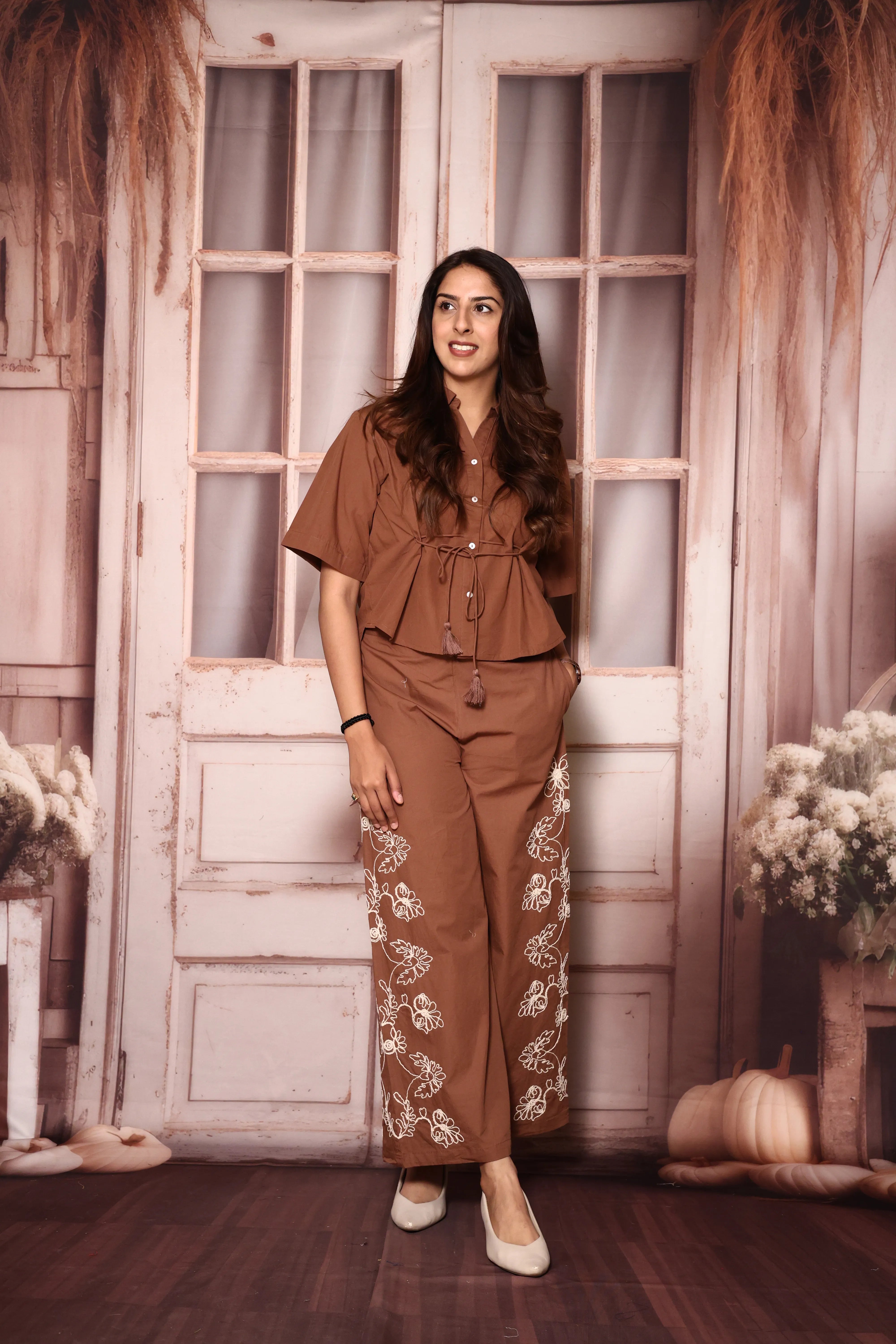 Brown Stylish Top & Floral Embroidered Palazzo Co-Ord Set | Cotton Poplin