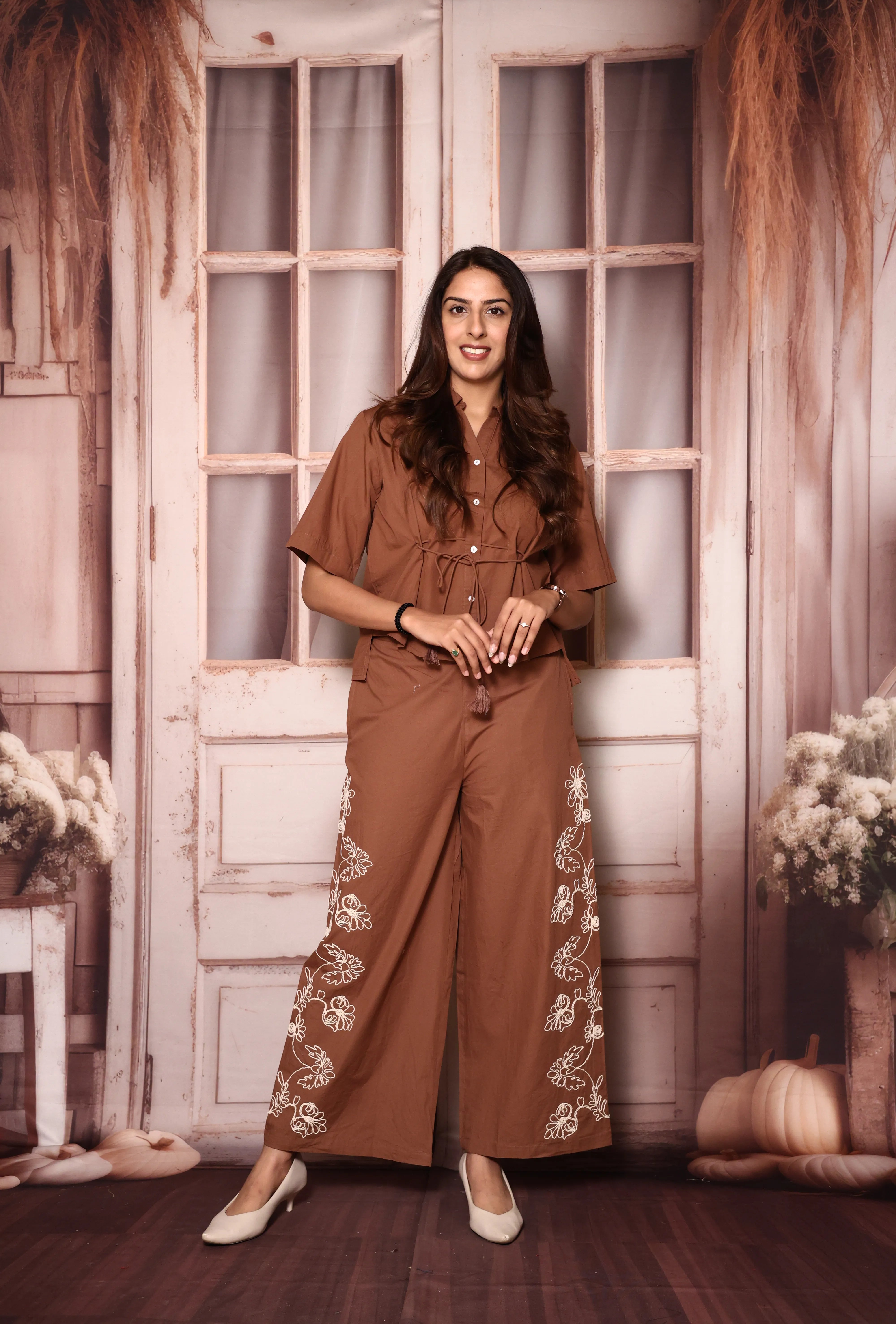 Brown Stylish Top & Floral Embroidered Palazzo Co-Ord Set | Cotton Poplin