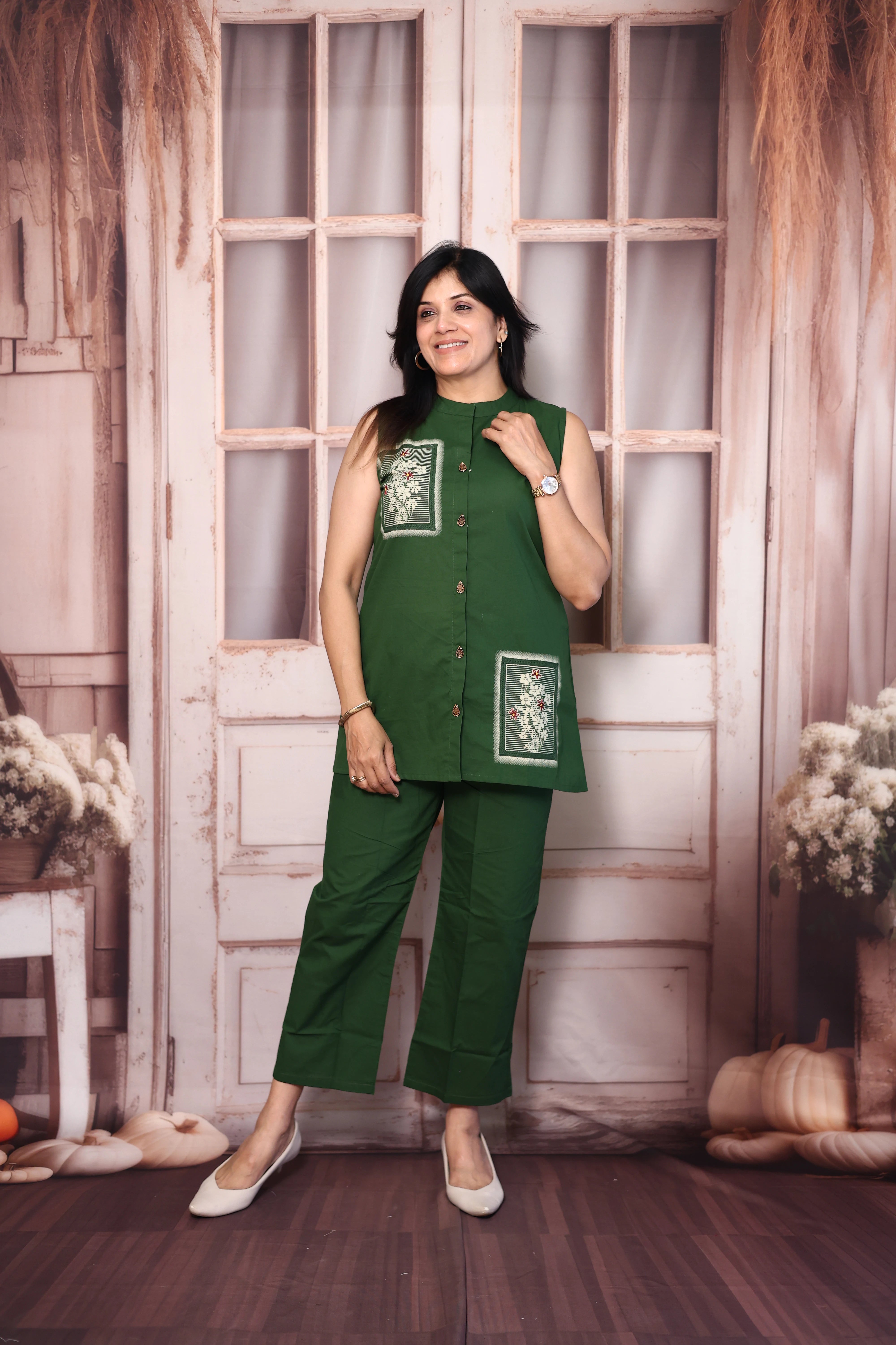 Green Printed & Thread Work Sleeveless Co-Ord Set | Soft Cotton Casual Wear