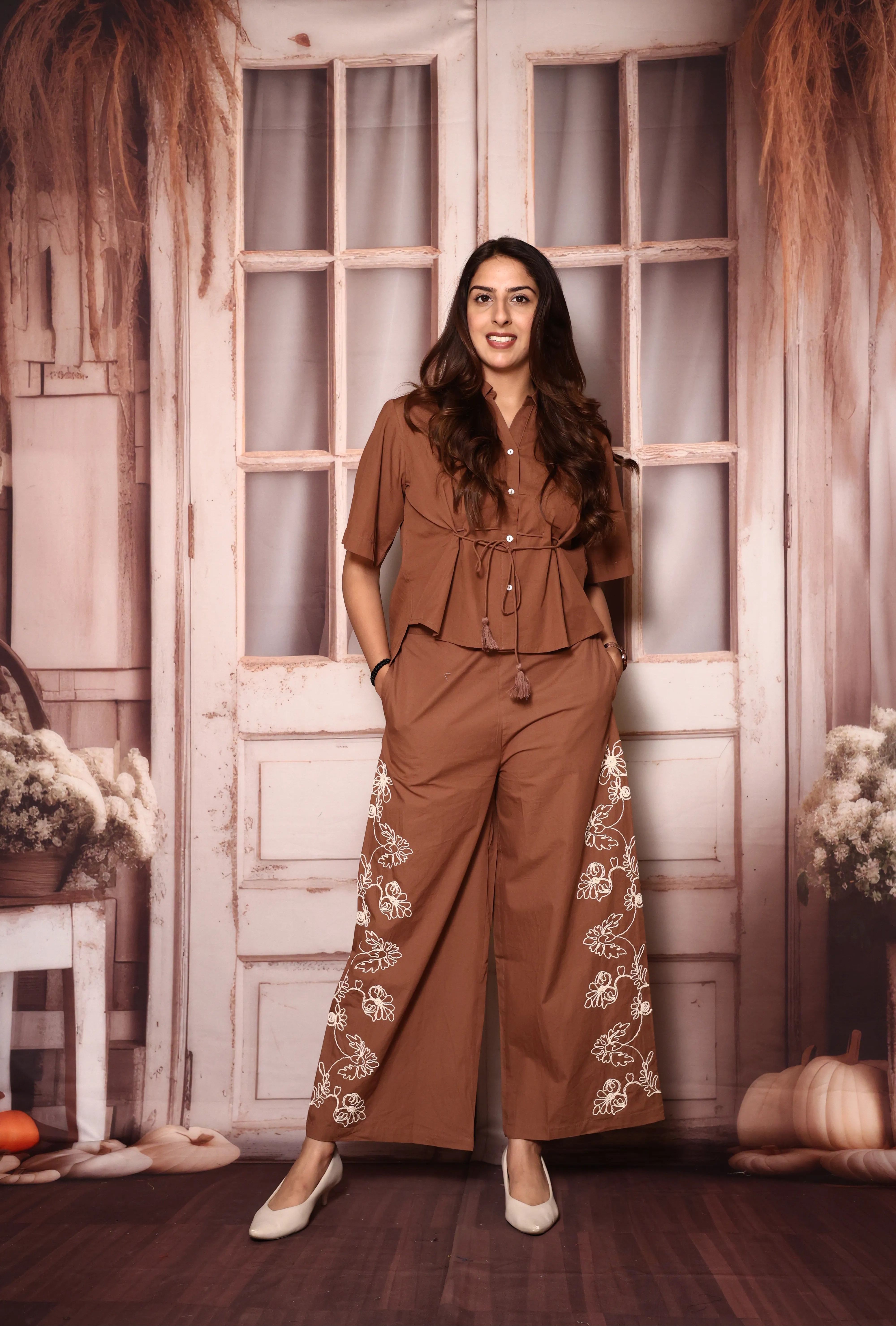 Brown Stylish Top & Floral Embroidered Palazzo Co-Ord Set | Cotton Poplin
