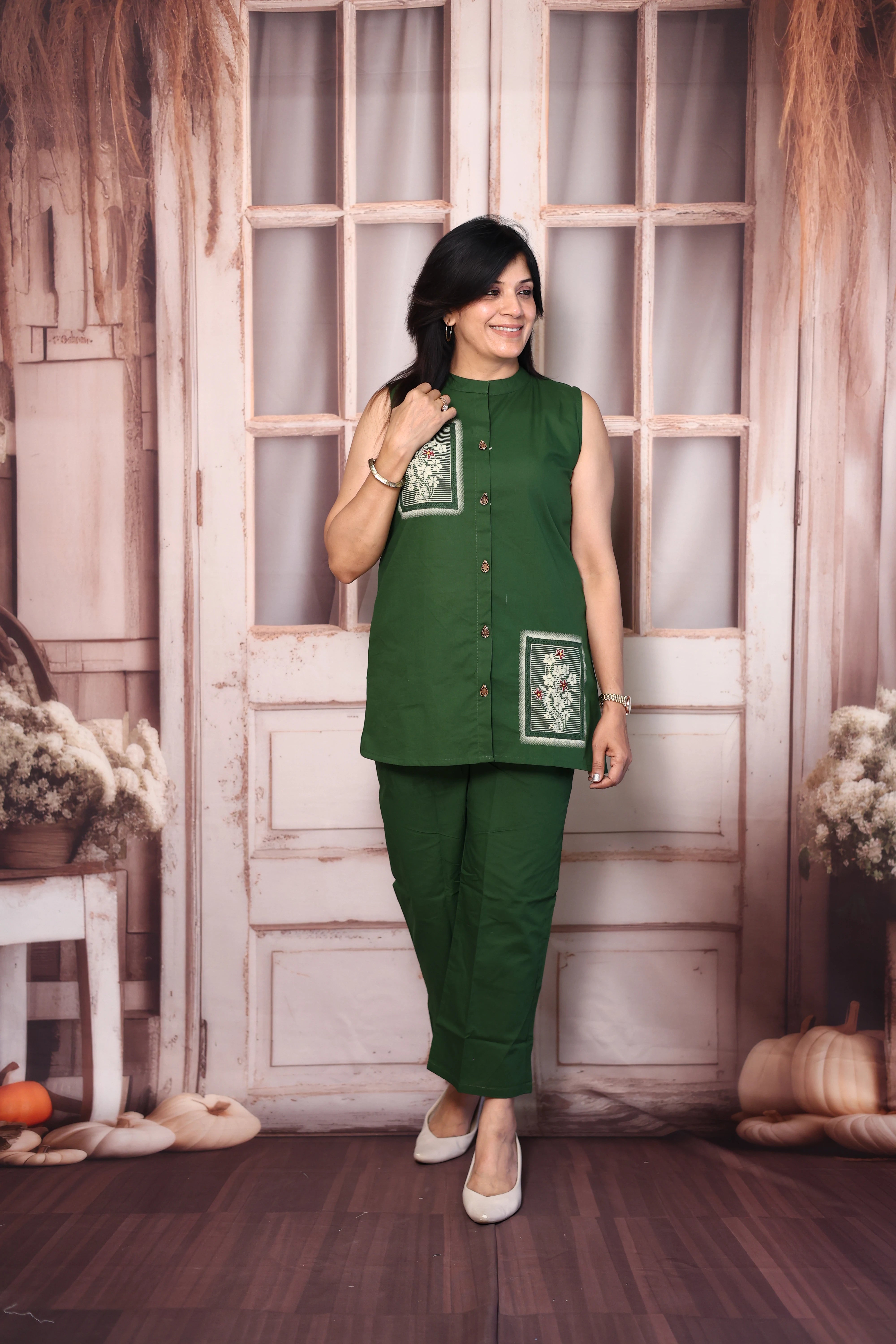 Green Printed & Thread Work Sleeveless Co-Ord Set | Soft Cotton Casual Wear