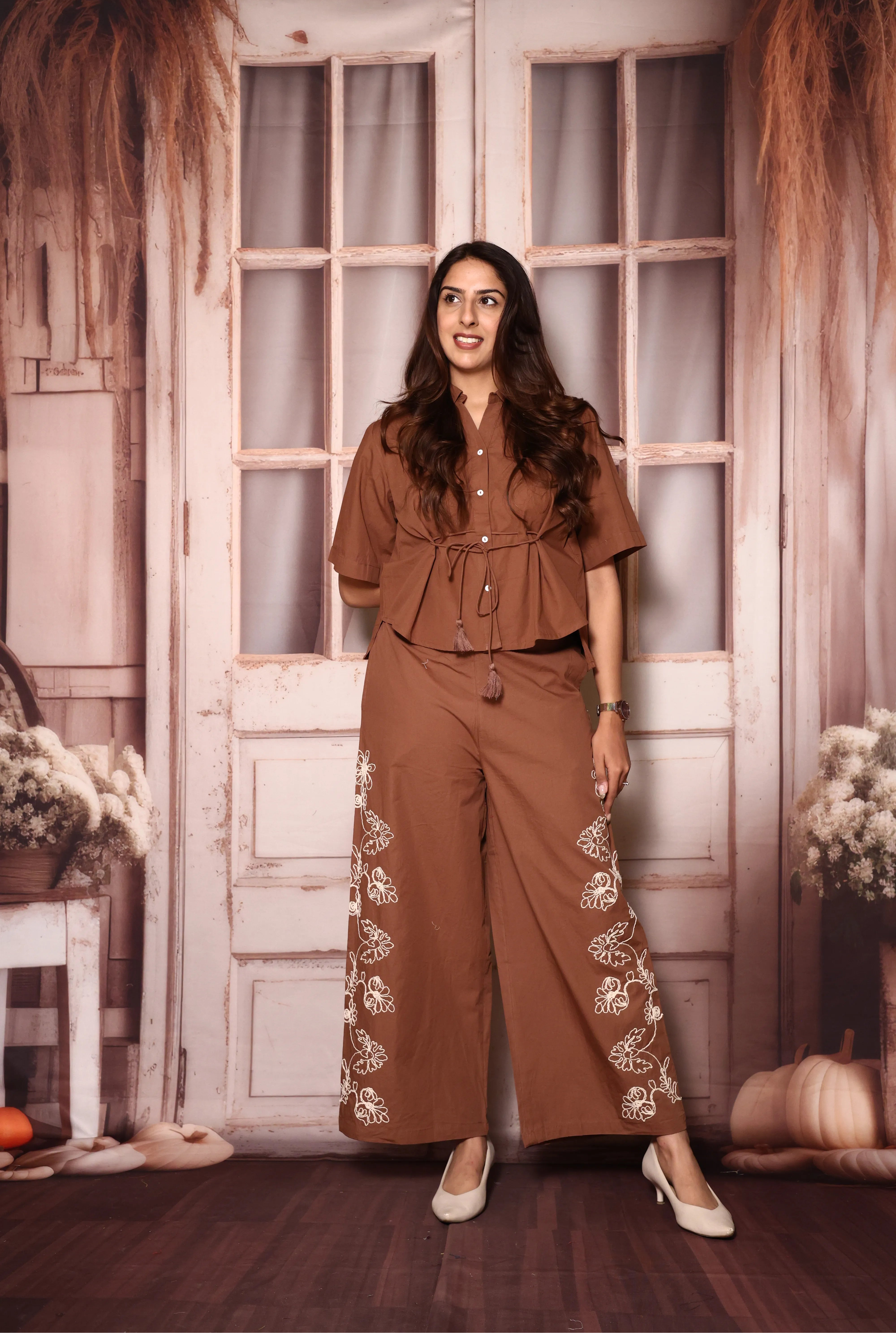 Brown Stylish Top & Floral Embroidered Palazzo Co-Ord Set | Cotton Poplin