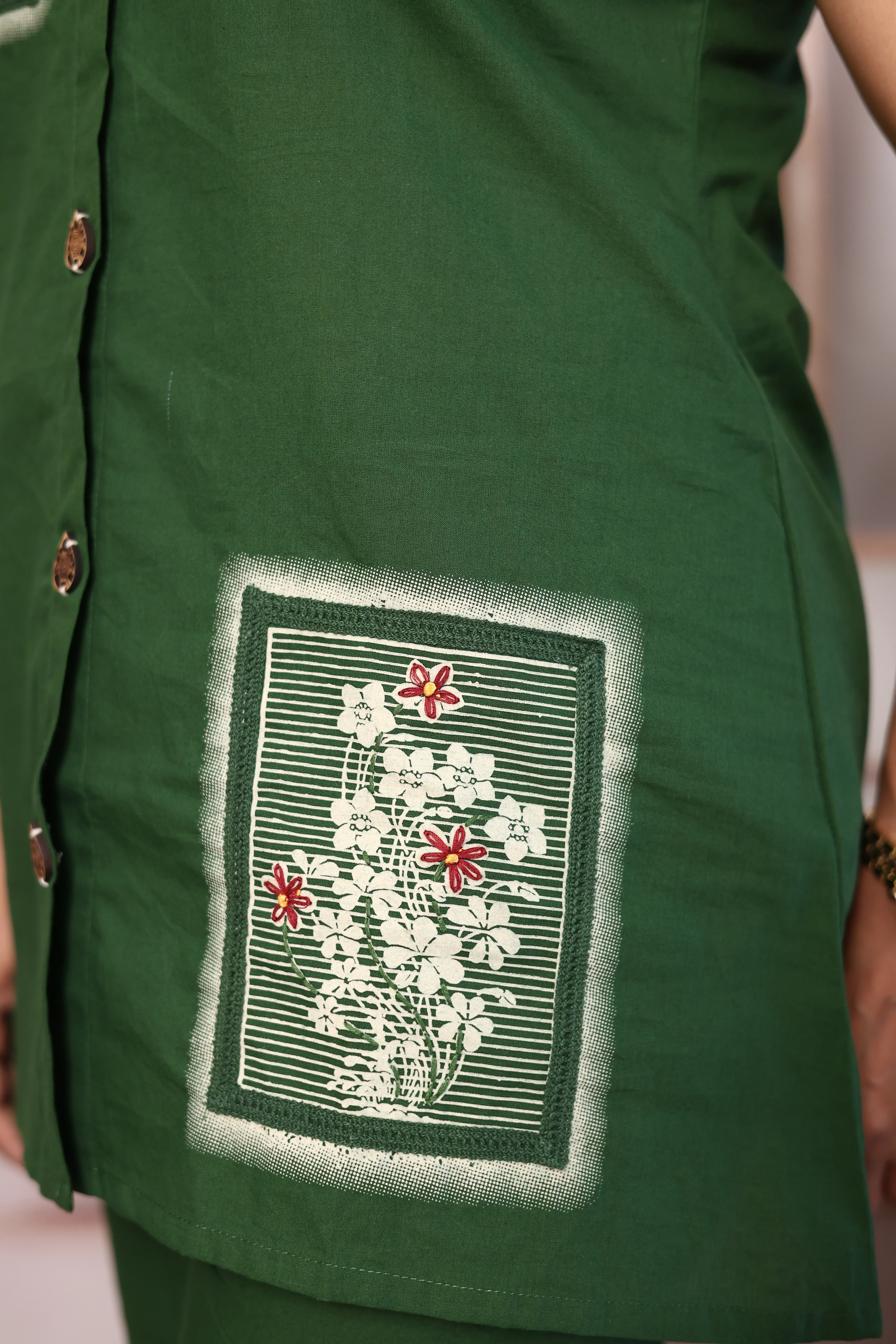 Green Printed & Thread Work Sleeveless Co-Ord Set | Soft Cotton Casual Wear