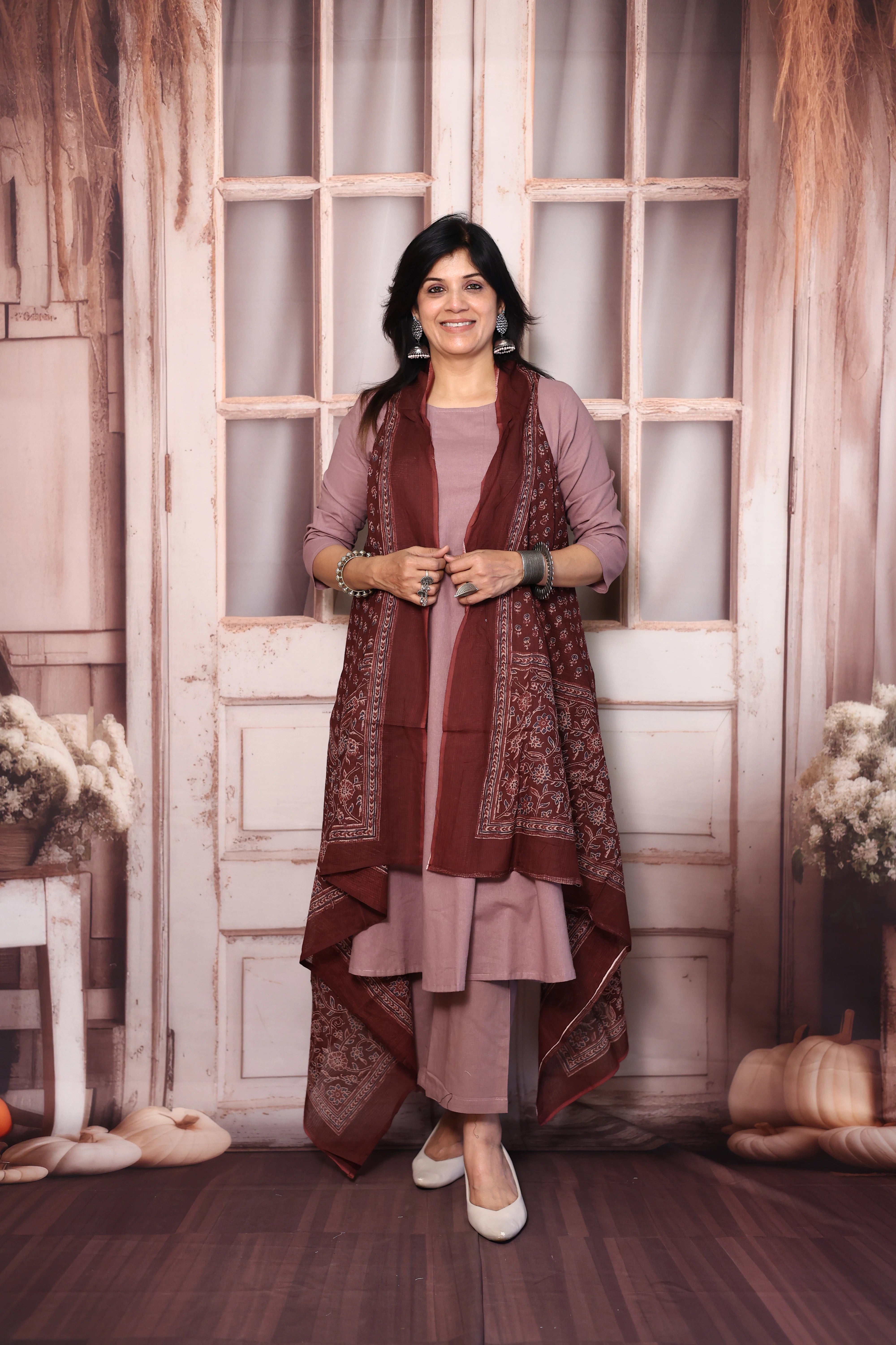Dusty Pink A-Line Kurta Pant Set with Printed Sleeveless Shrug | Elegant Layered Ethnic Wear