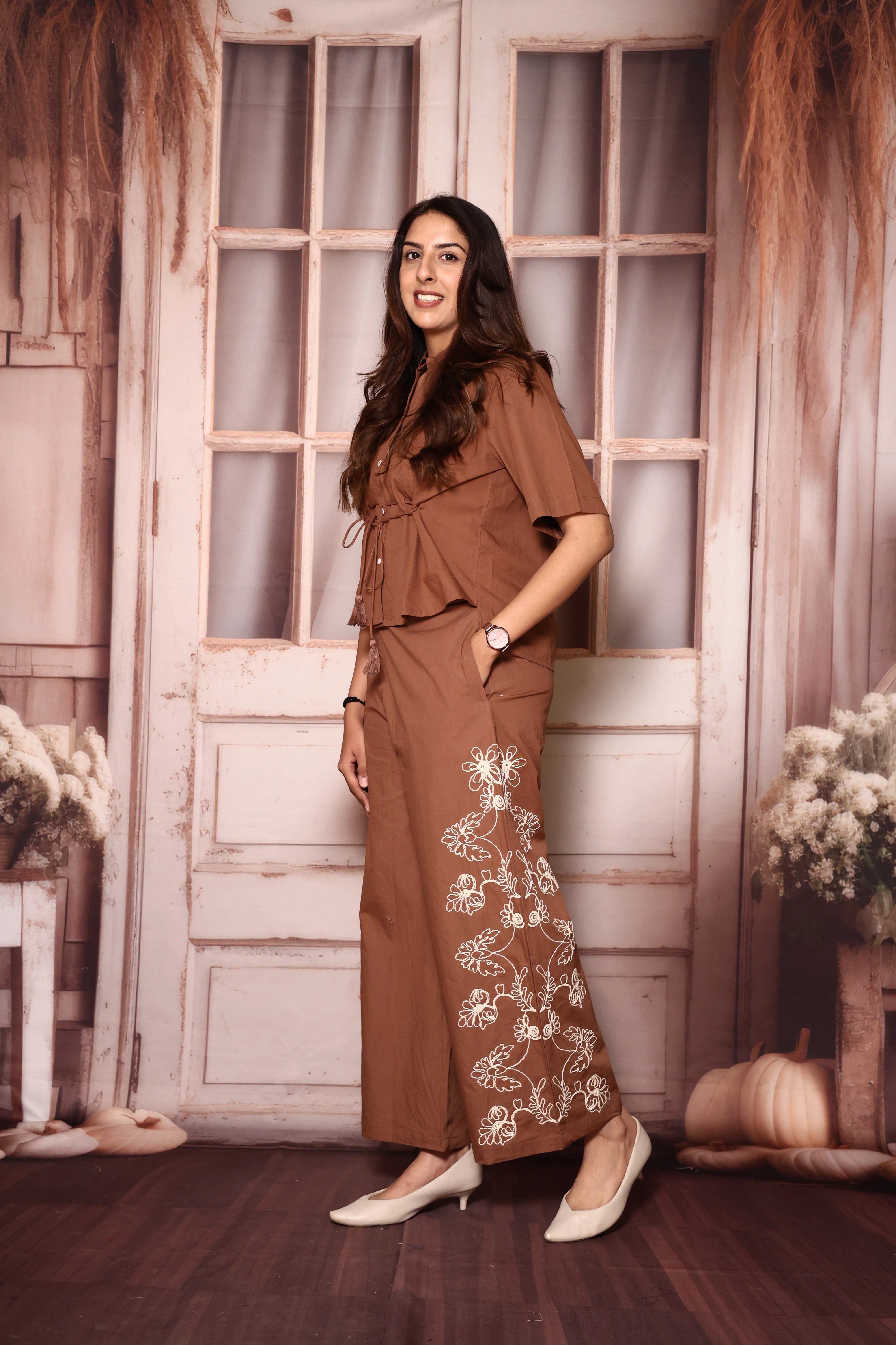 Brown Stylish Top & Floral Embroidered Palazzo Co-Ord Set | Cotton Poplin