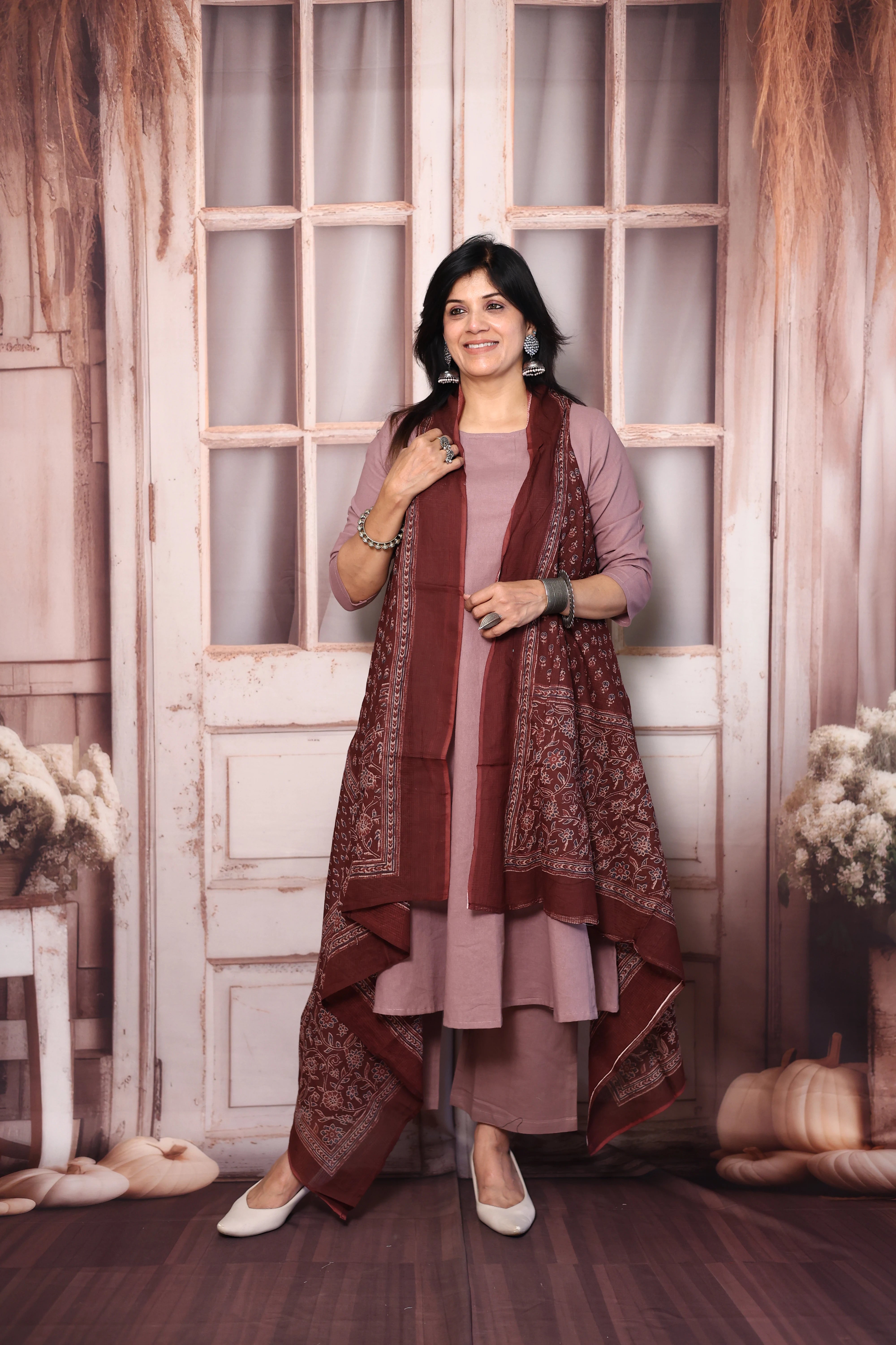 Dusty Pink A-Line Kurta Pant Set with Printed Sleeveless Shrug | Elegant Layered Ethnic Wear