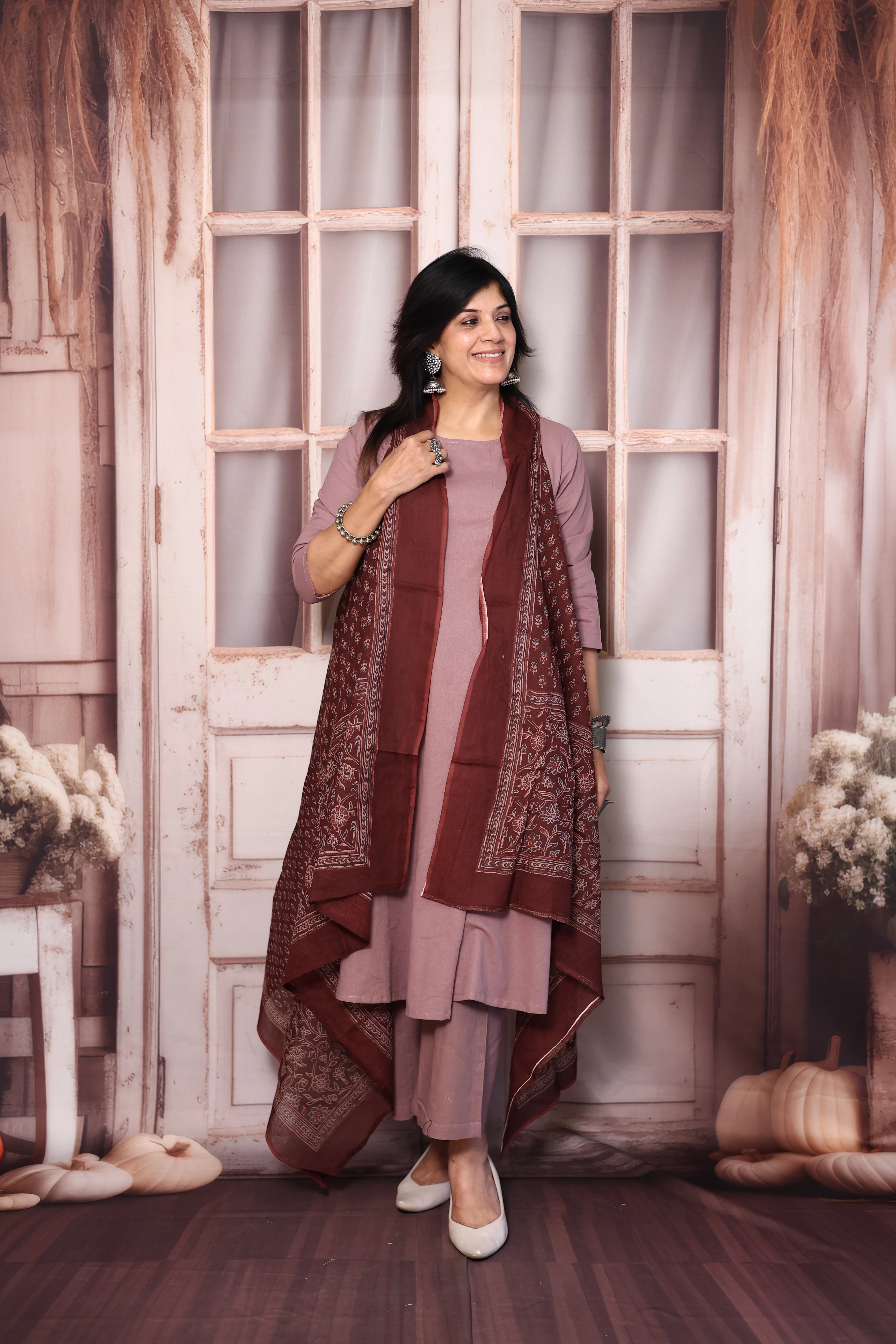 Dusty Pink A-Line Kurta Pant Set with Printed Sleeveless Shrug | Elegant Layered Ethnic Wear