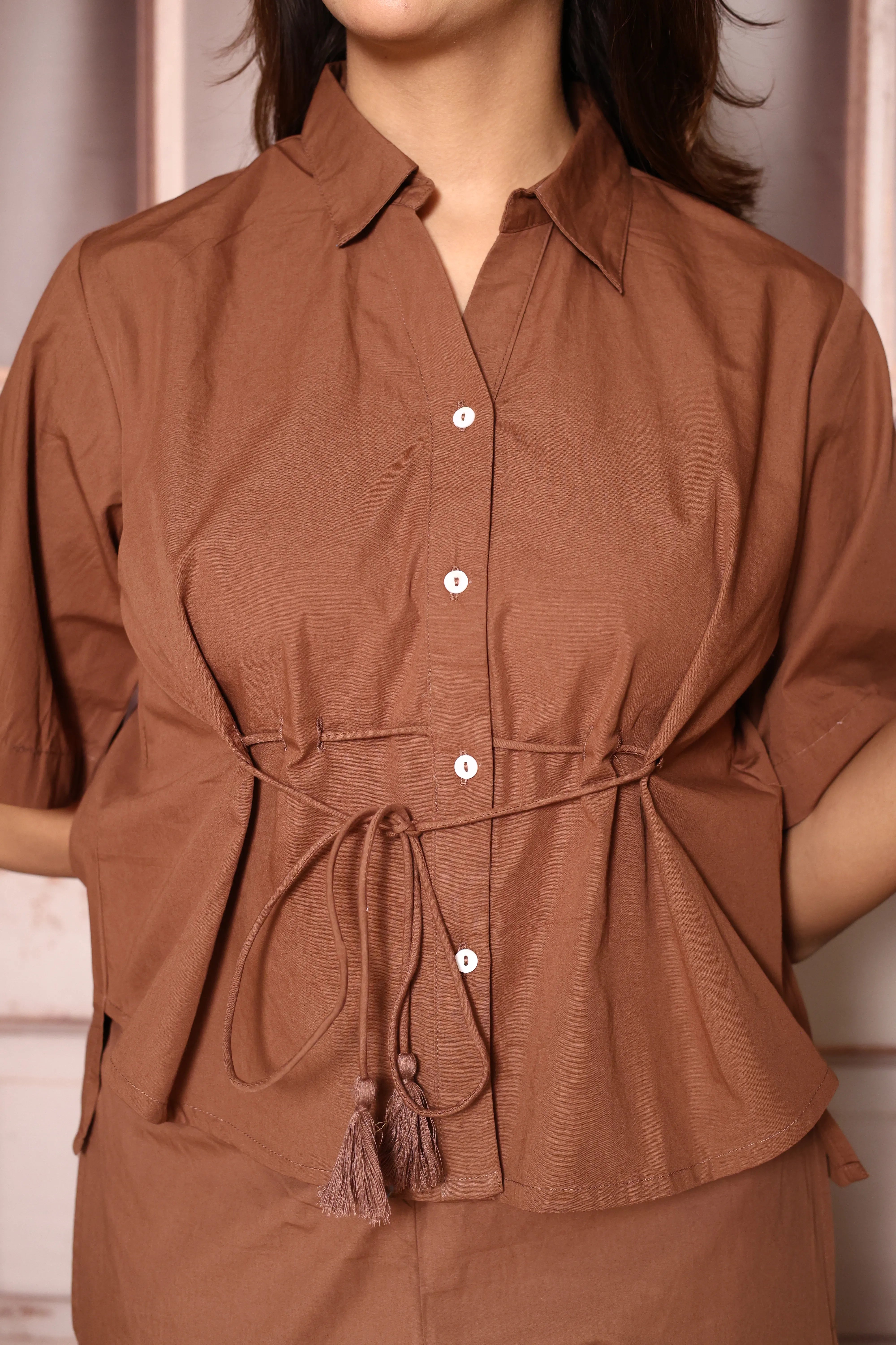 Brown Stylish Top & Floral Embroidered Palazzo Co-Ord Set | Cotton Poplin