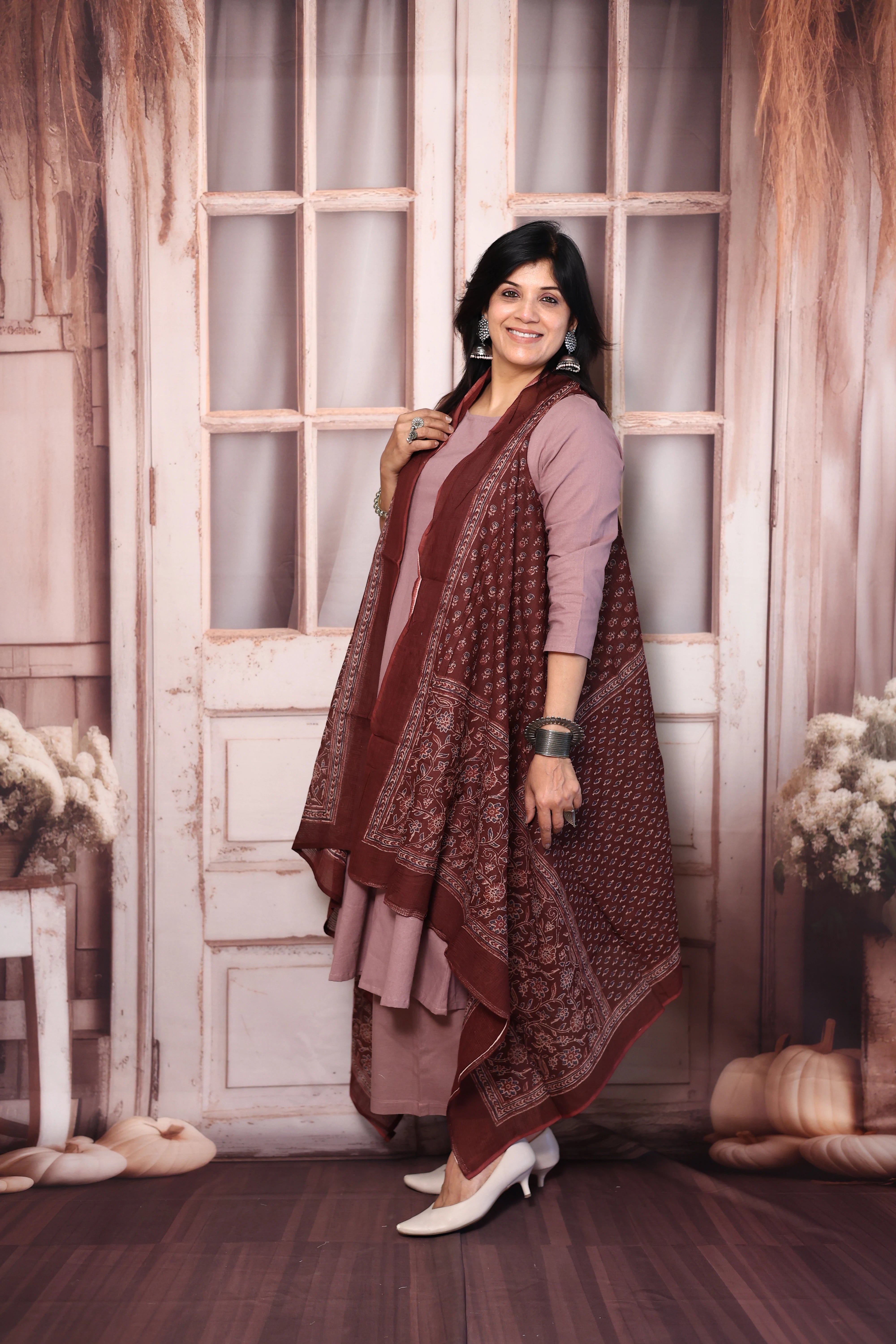 Dusty Pink A-Line Kurta Pant Set with Printed Sleeveless Shrug | Elegant Layered Ethnic Wear