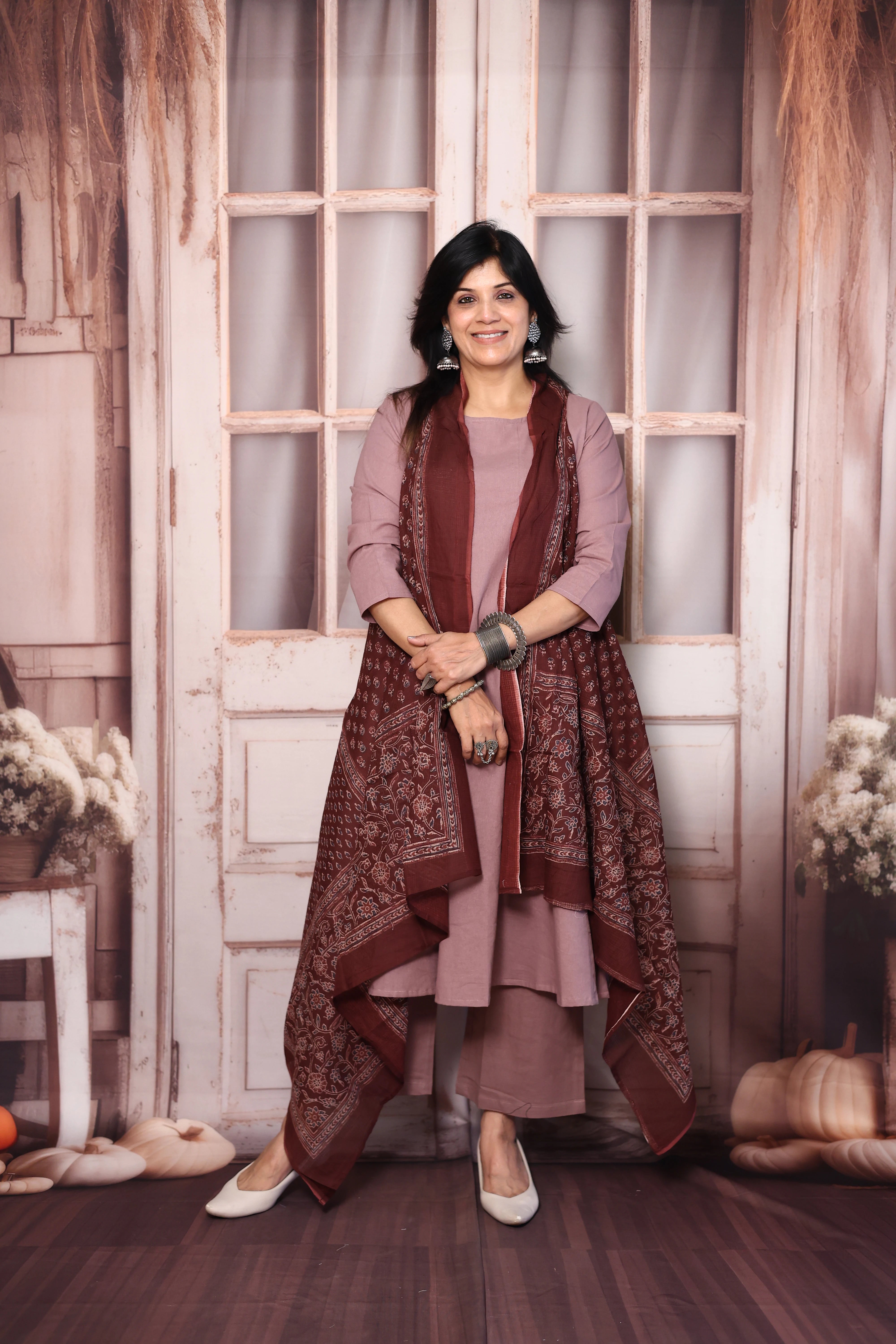 Dusty Pink A-Line Kurta Pant Set with Printed Sleeveless Shrug | Elegant Layered Ethnic Wear
