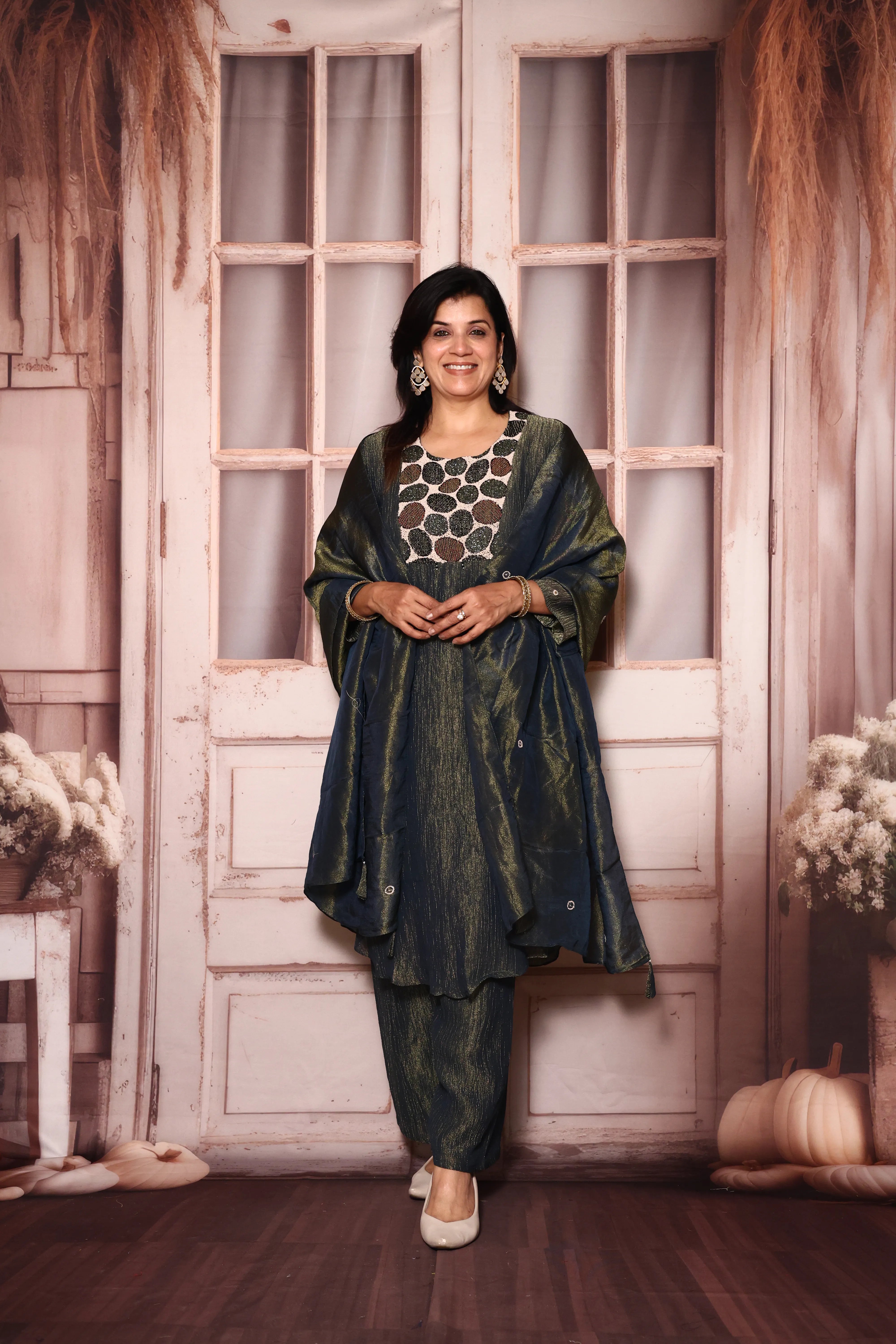 Blue Yoke Pearl Embroidery A-Line Kurta Pant with Dupatta Set | Pure Tissue Crush Fabric